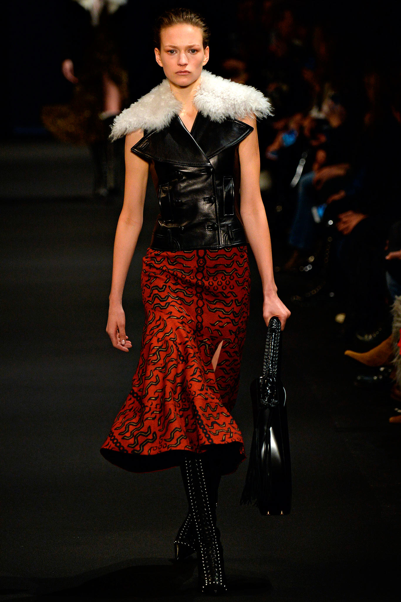 black leather vest red midi skirt