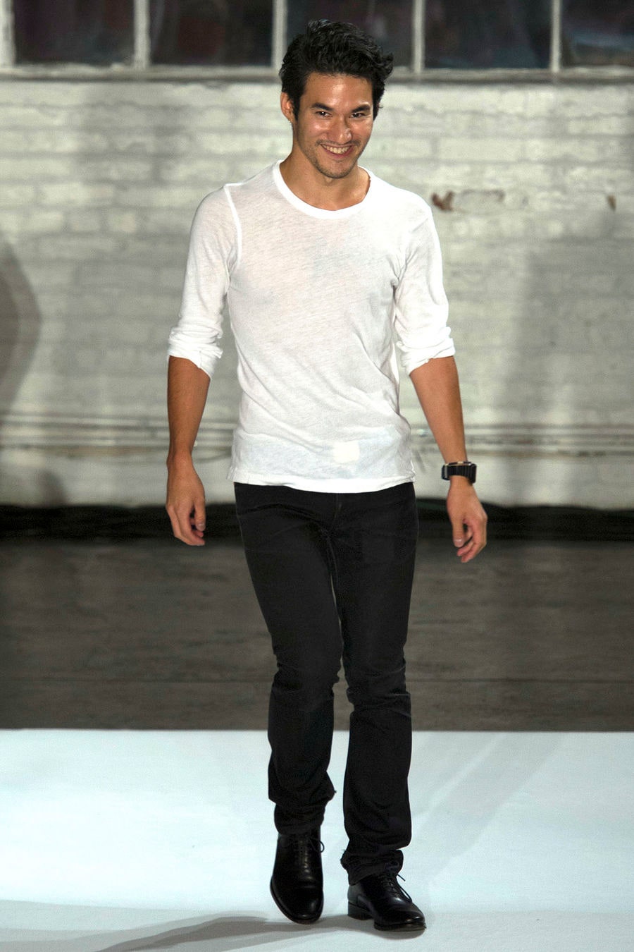 fitted white shirt and black pants
