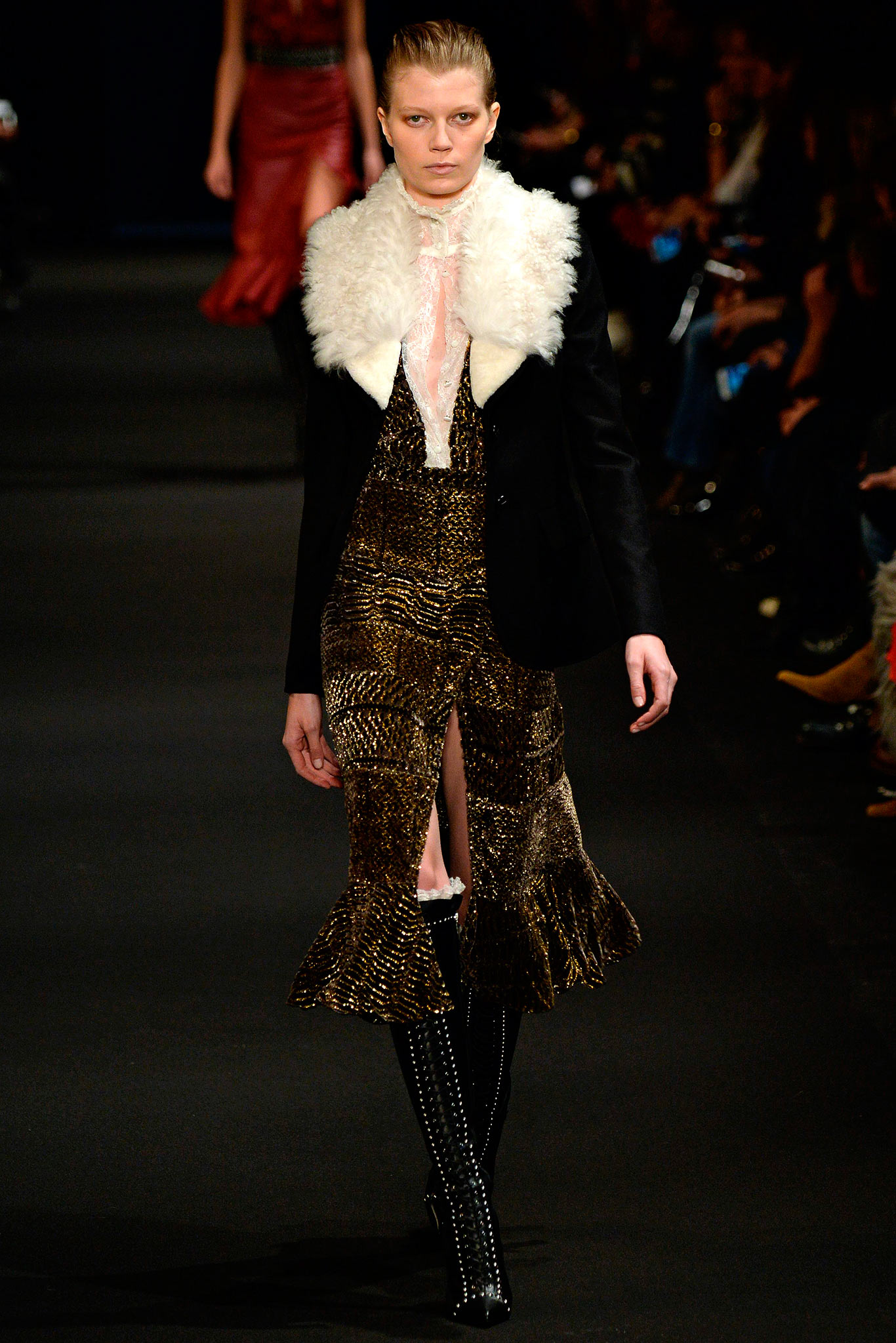 fitted brown silk midi dress with black coat