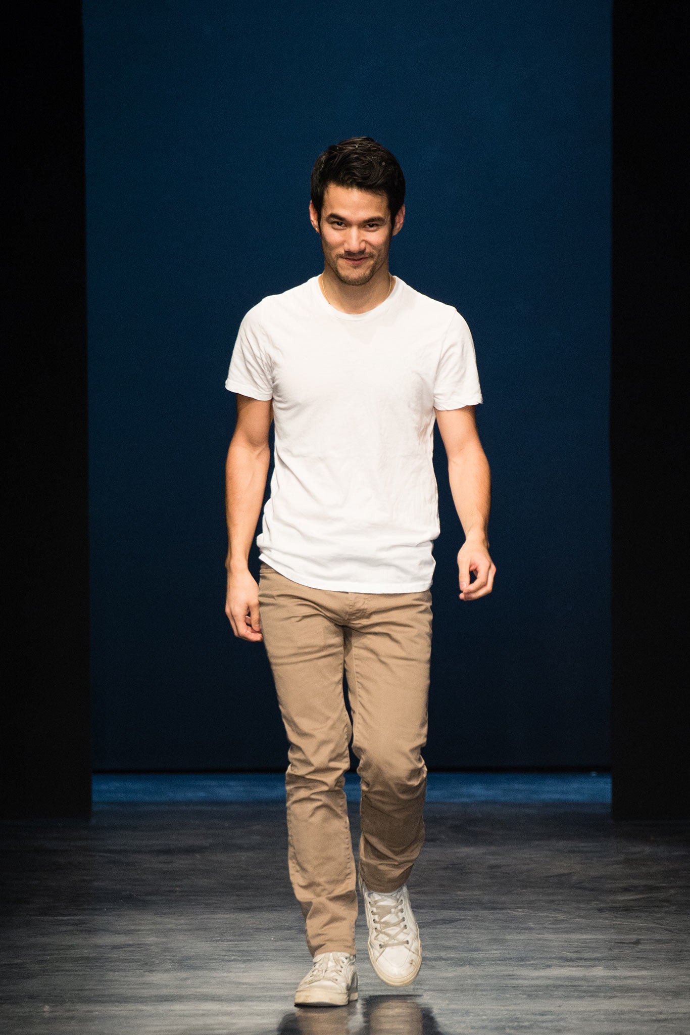 white t-shirt beige pants