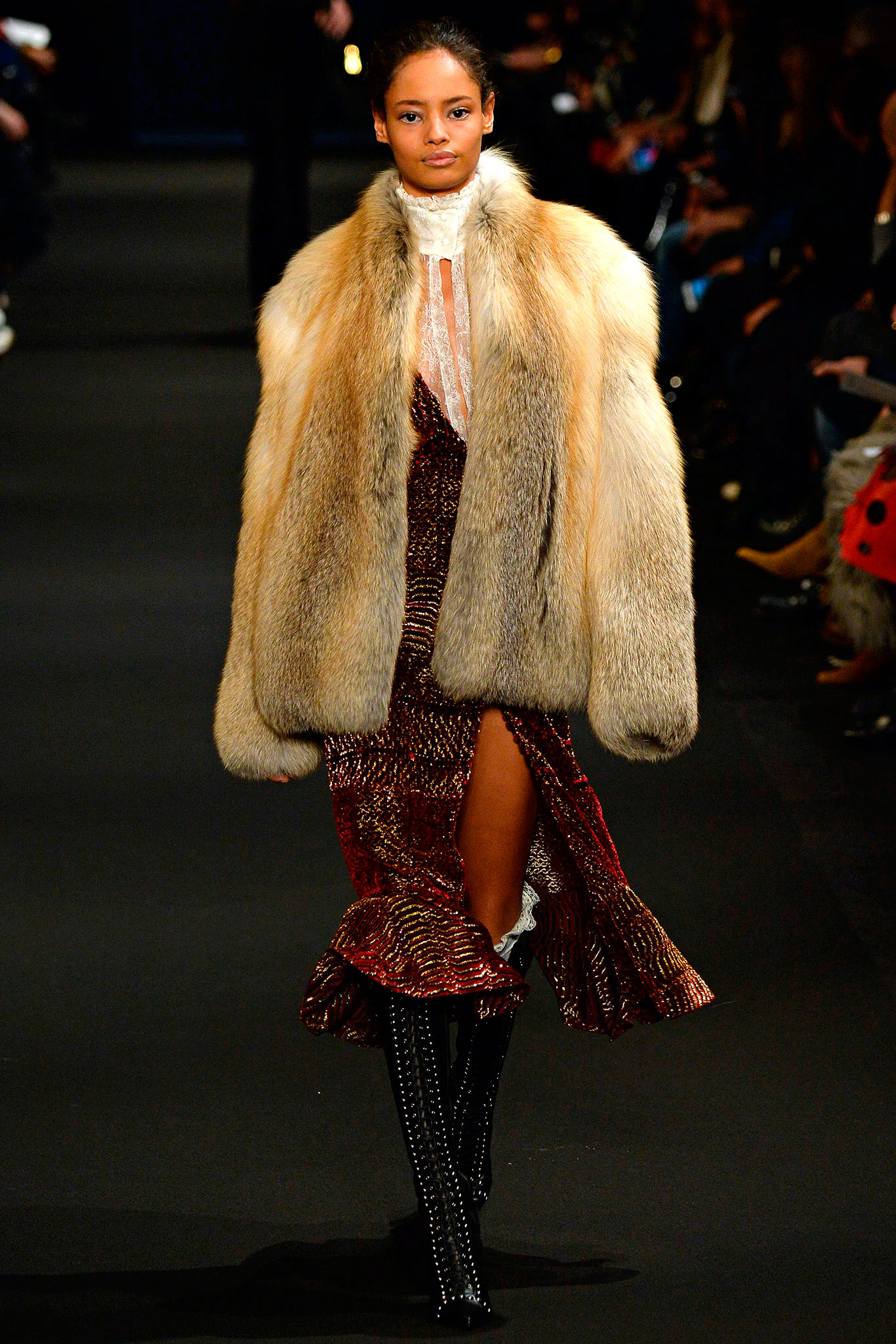 red silk midi dress with fur coat