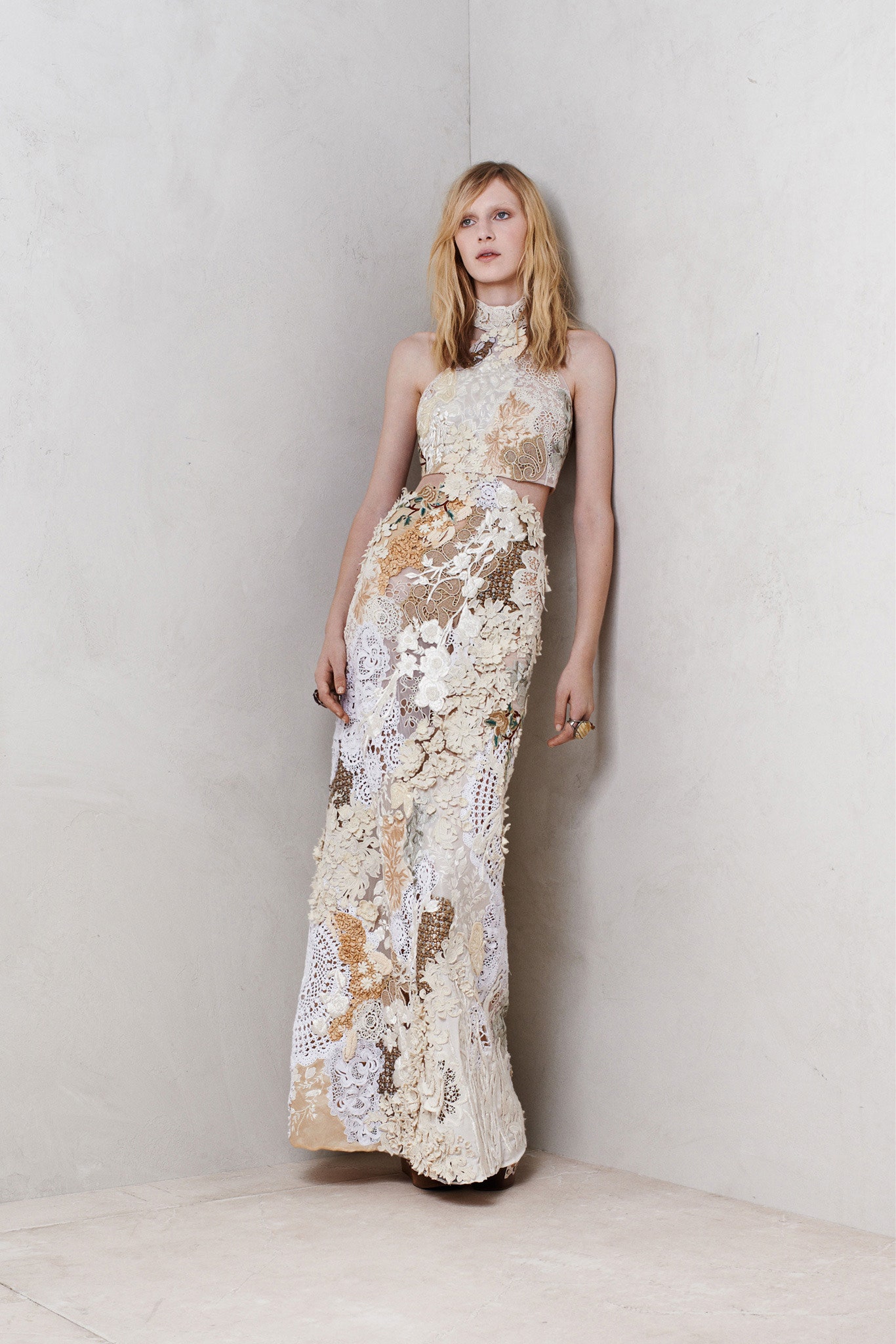 beige white lace embroidered gown