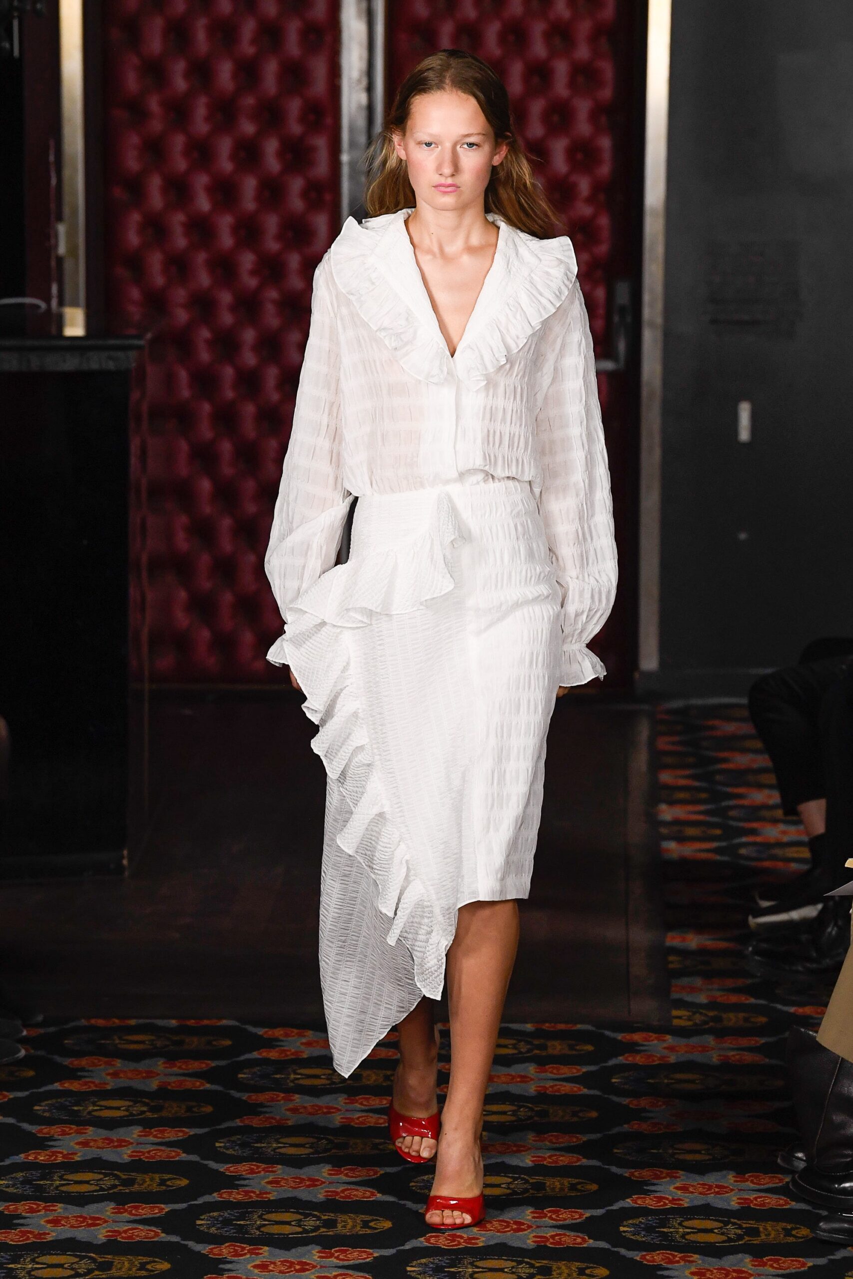 white ruffled midi dress