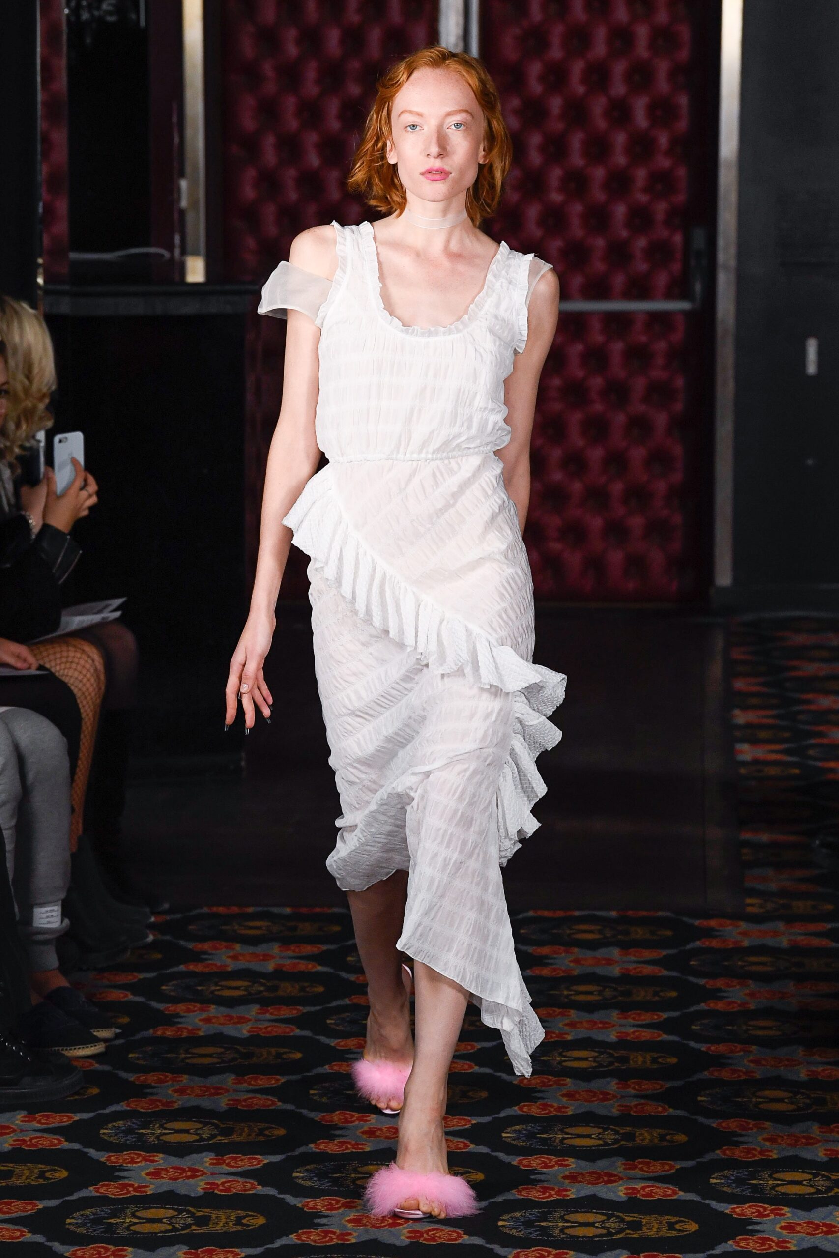 white ruffled midi dress