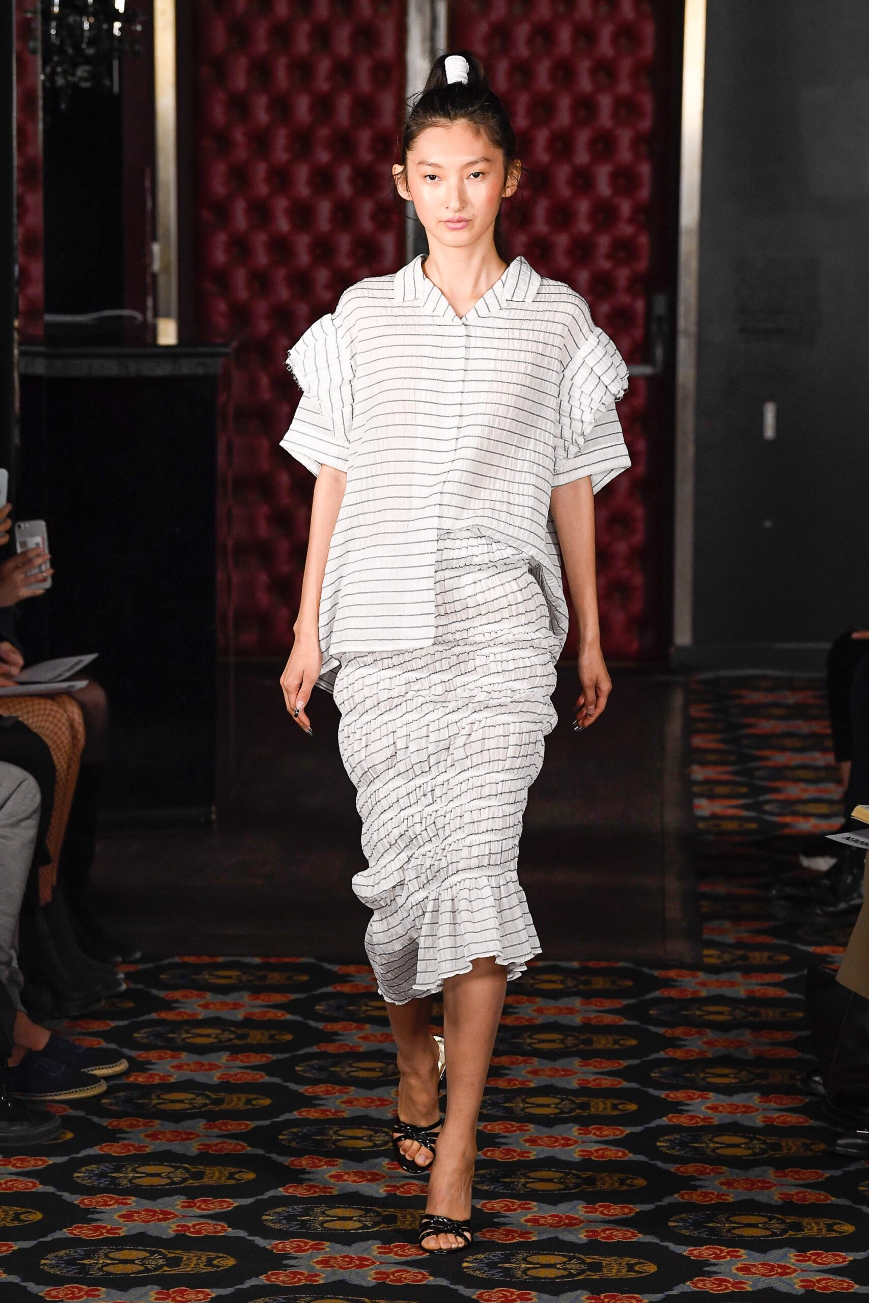 white cotton fitted ruched midi skirt
