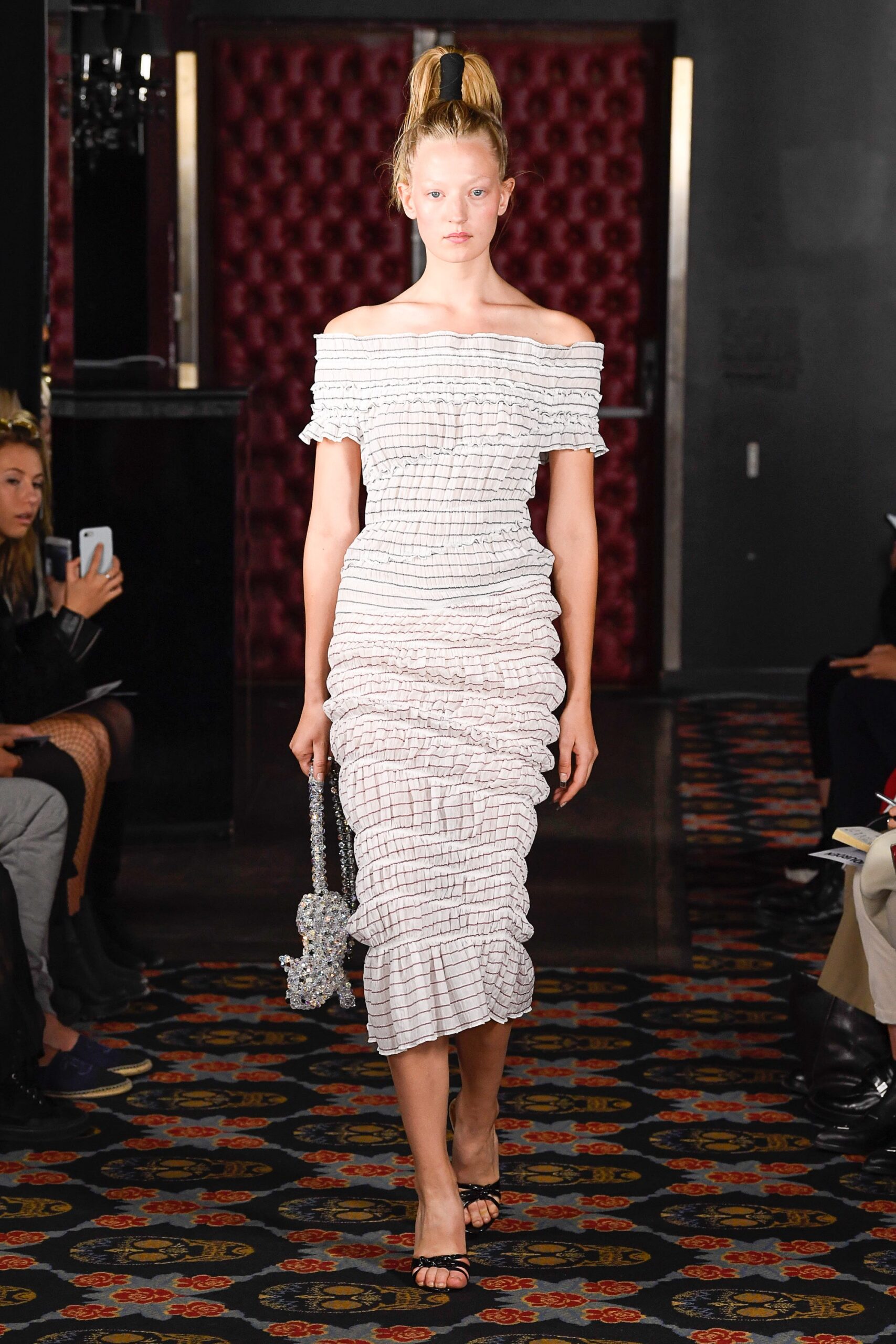 off-shoulder ruched midi dress
