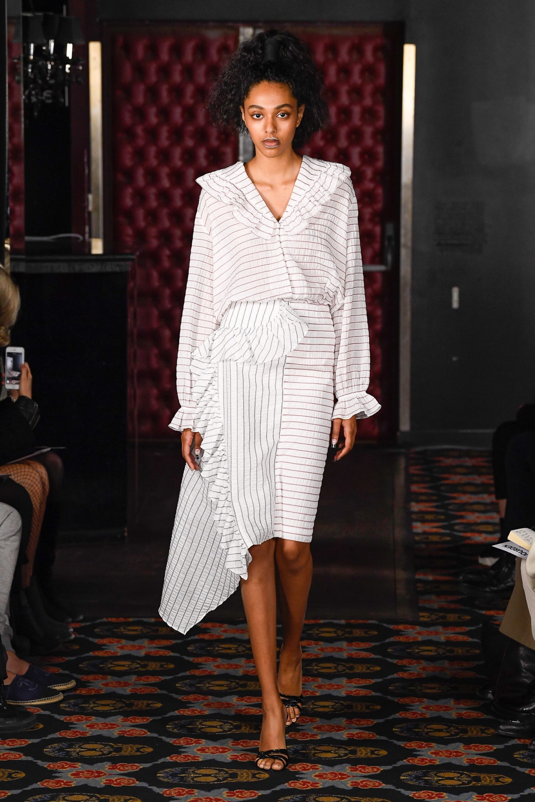 white silk long-sleeve collared fitted striped ruffled blouse