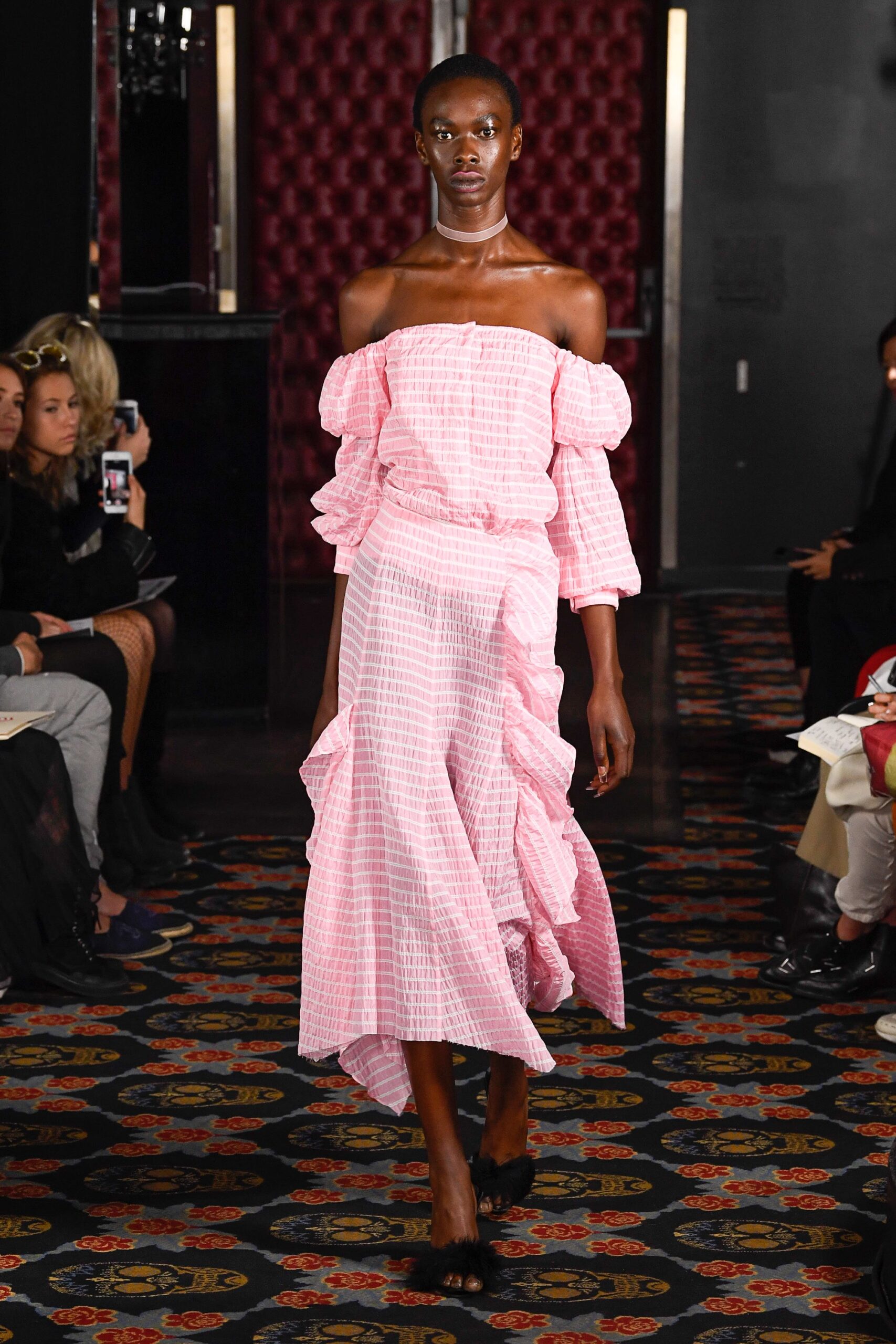 pink off-shoulder ruffled dress