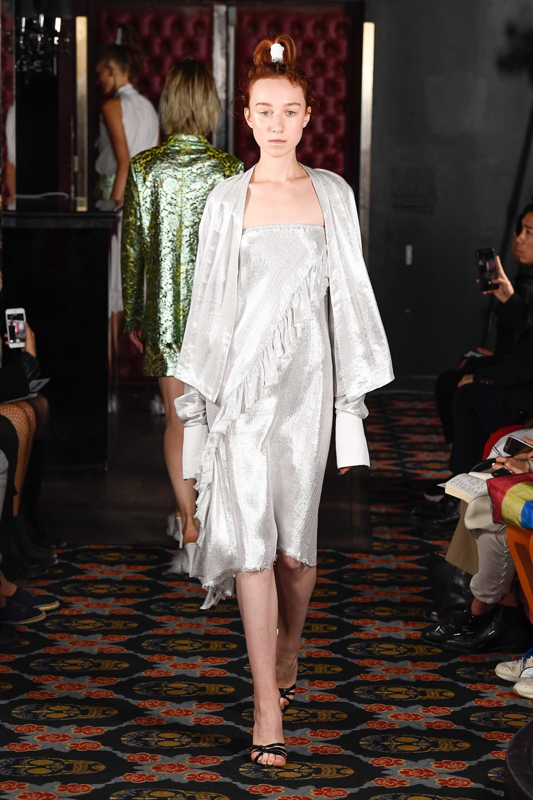 gray silk long-sleeve relaxed draped flowing jacket