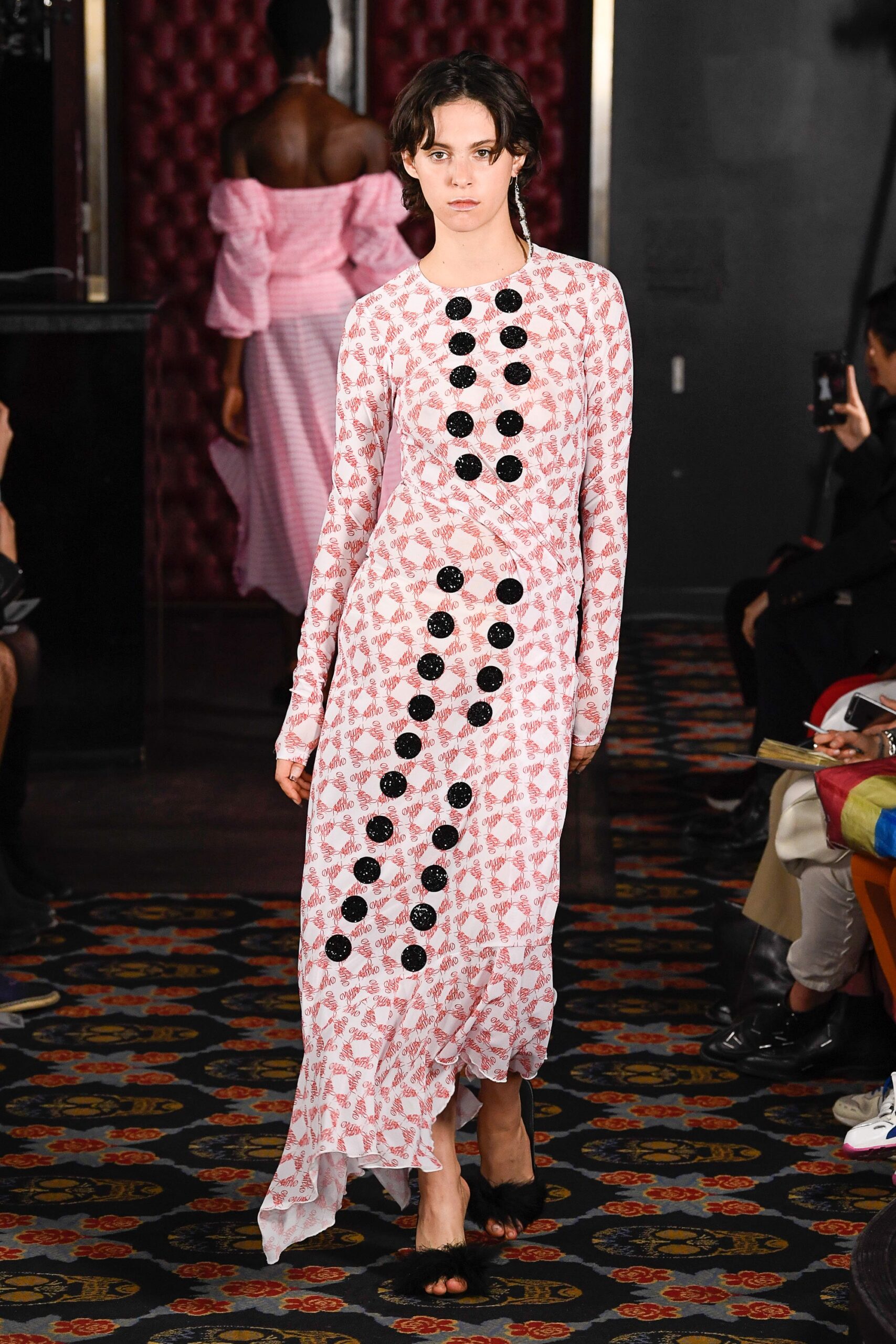 pink and white printed midi dress