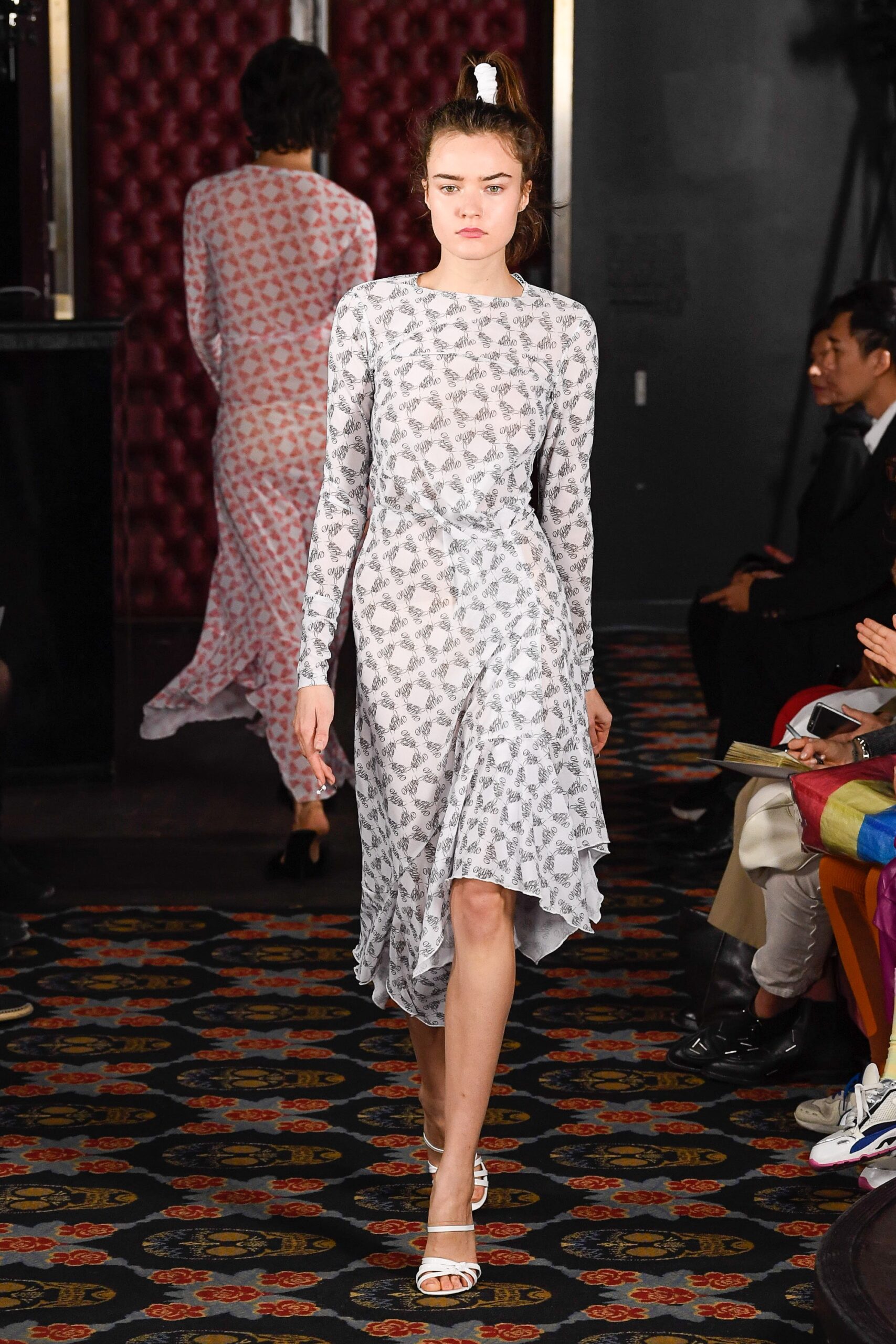 white gray printed midi dress