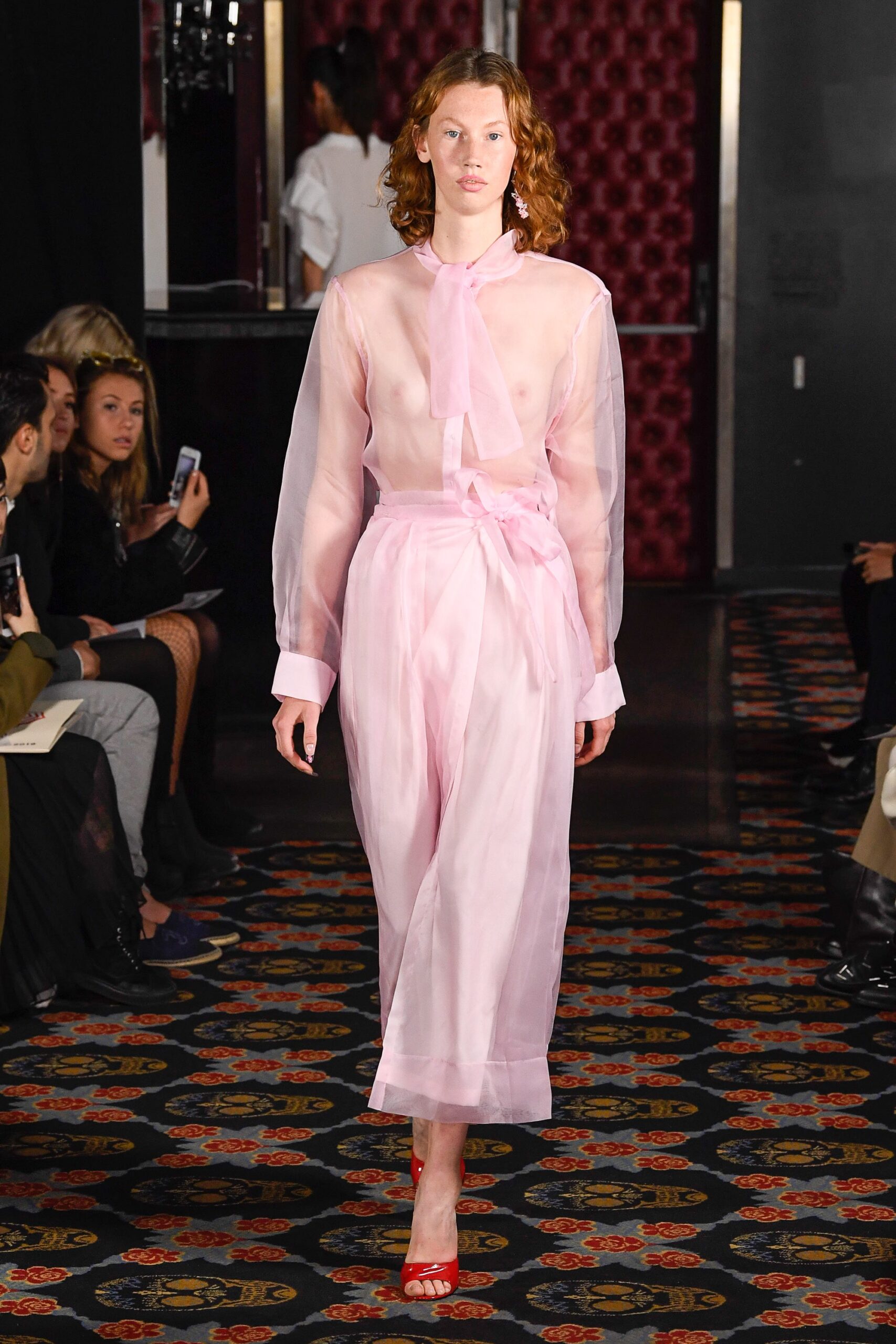 pink chiffon long-sleeve collared relaxed sheer flowing blouse