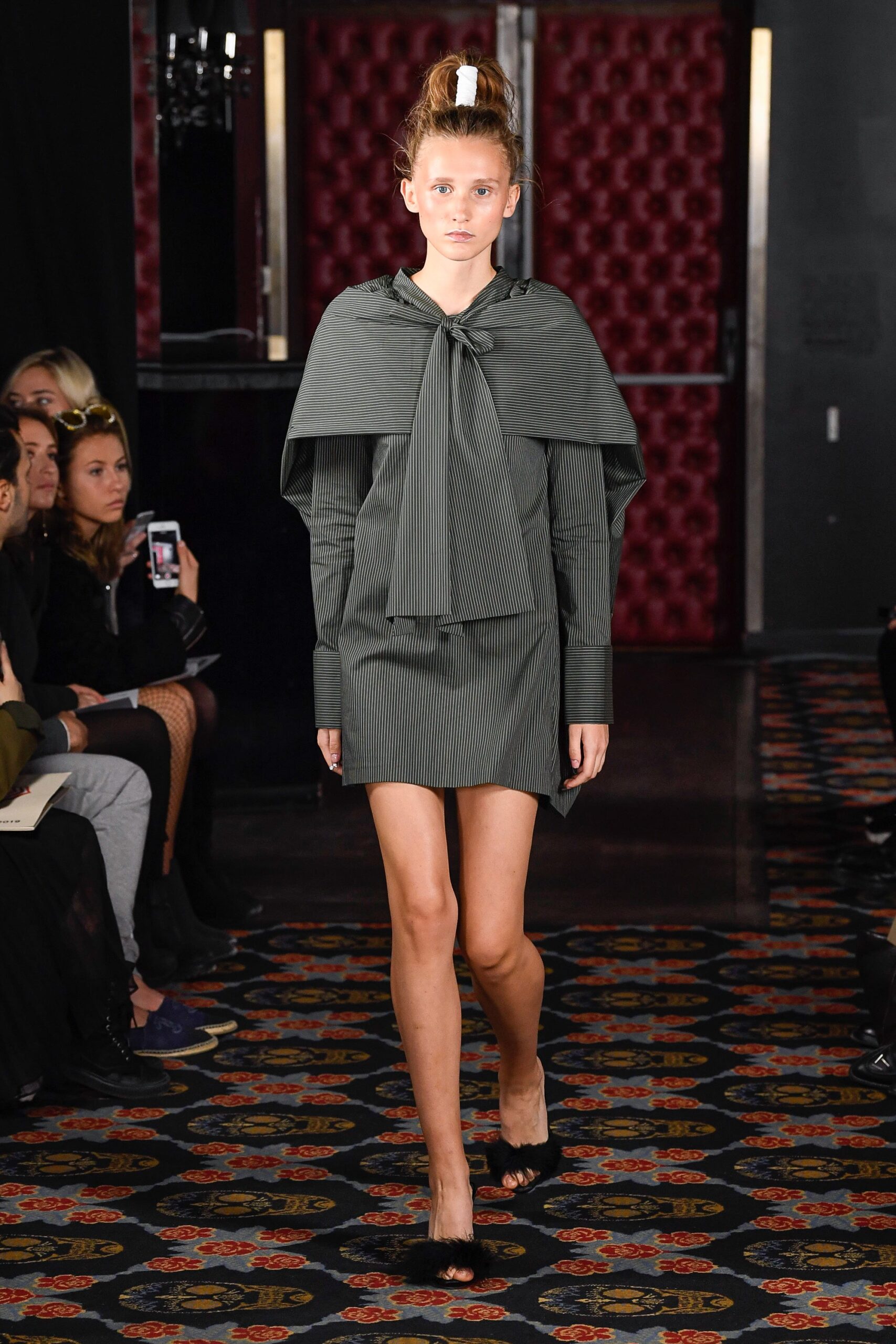 gray cotton long-sleeve collared fitted pleated mini dress
