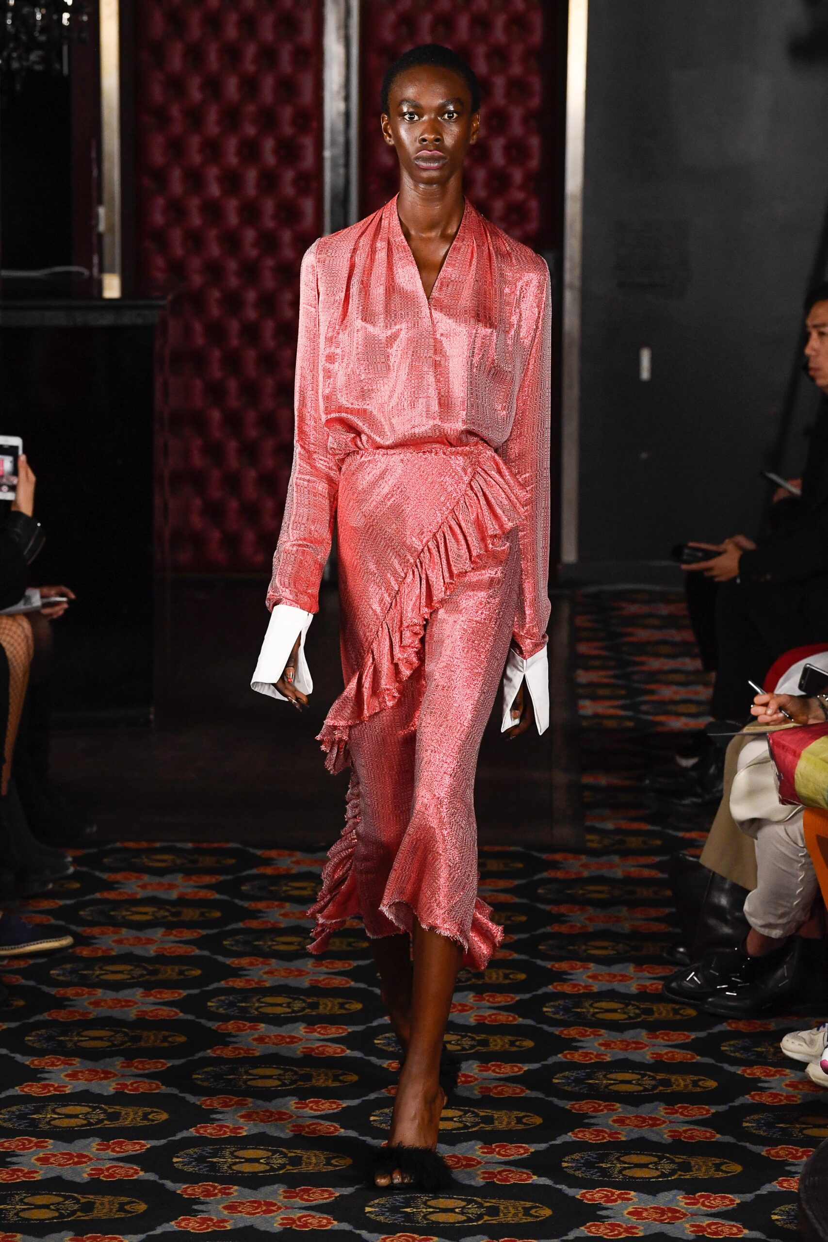 pink silk ruffled midi dress