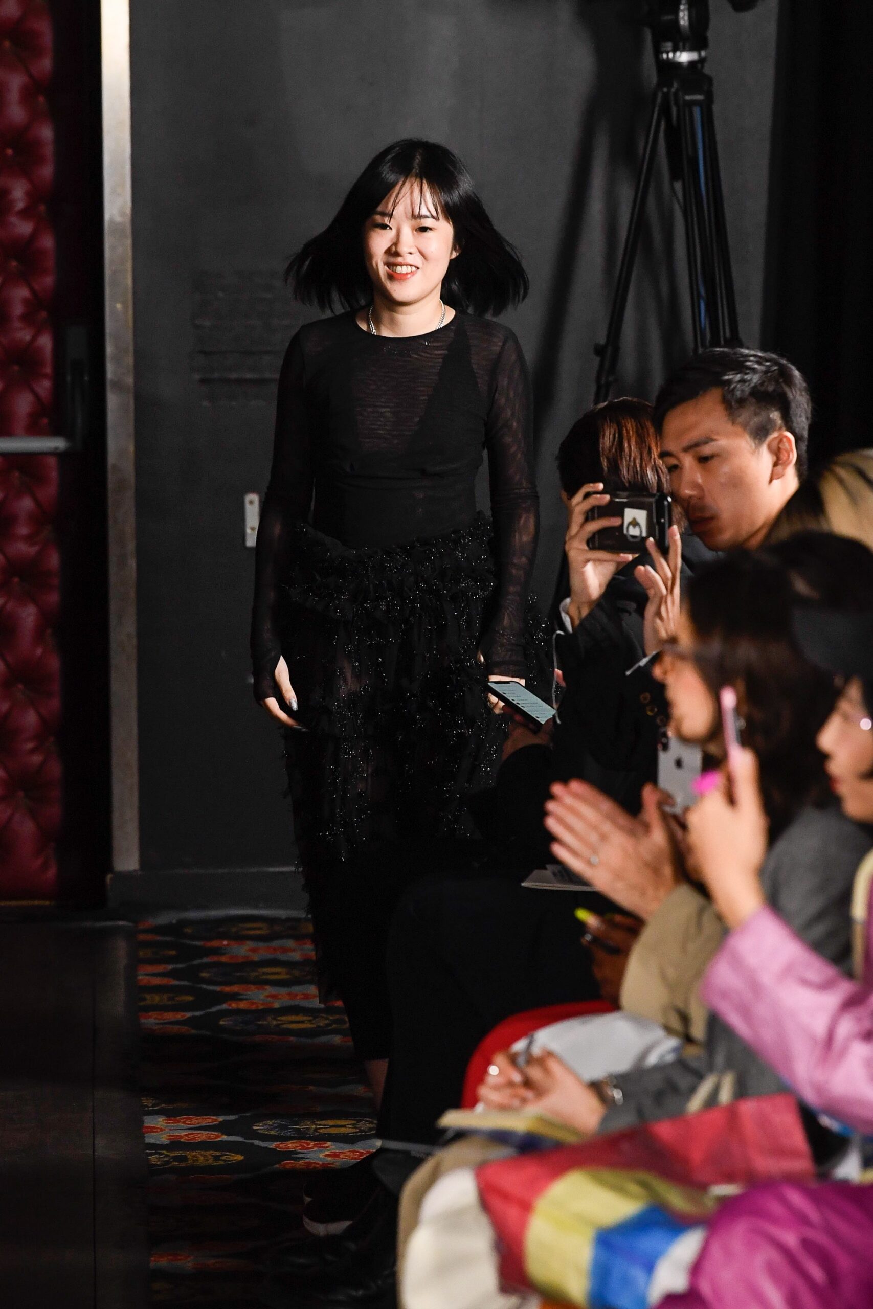 black mesh long-sleeve v-neck fitted ruffled sheer top