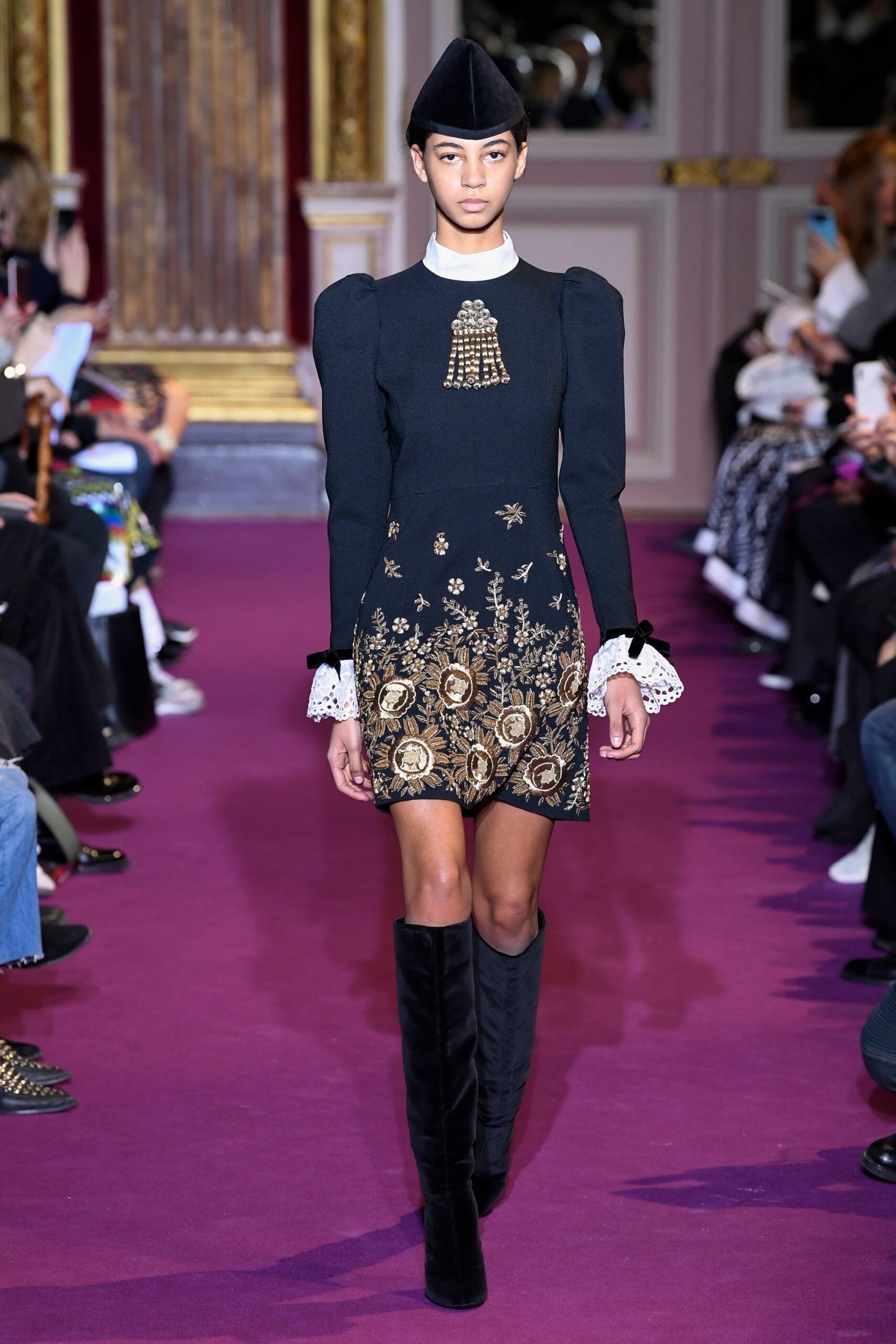 black fitted mini dress with embroidery