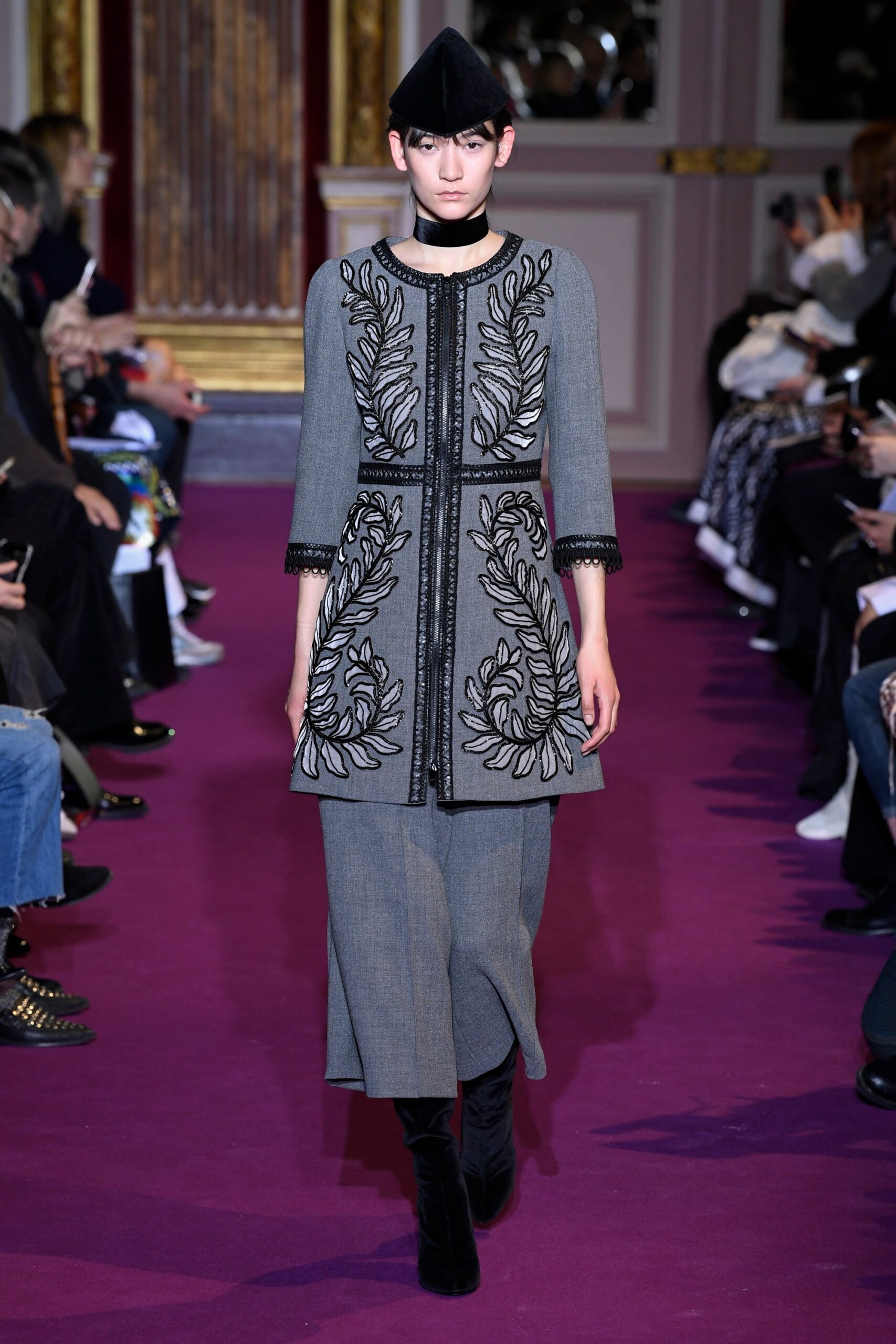 gray wool long-sleeve collared fitted embroidered buttoned dress