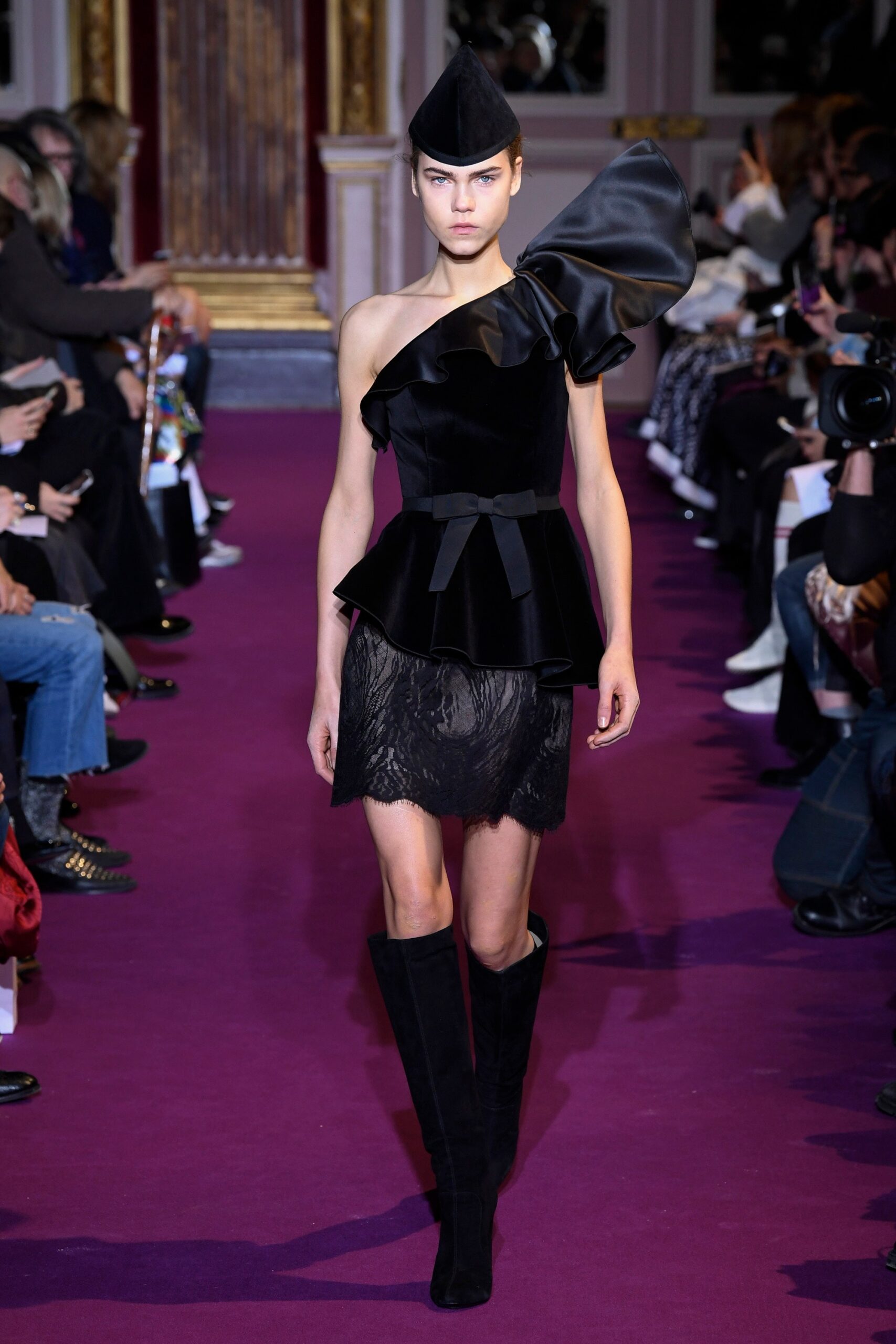 black asymmetric top with lace skirt