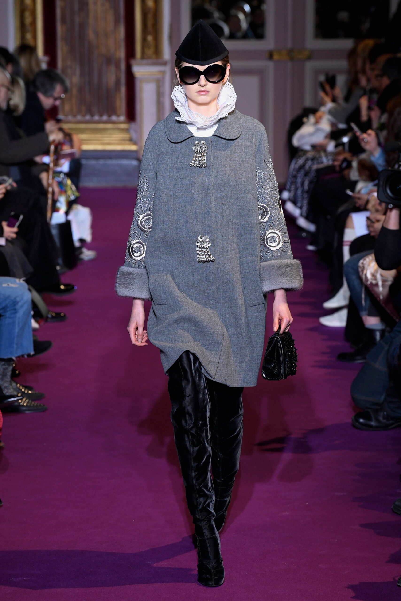 gray wool coat with leather pants