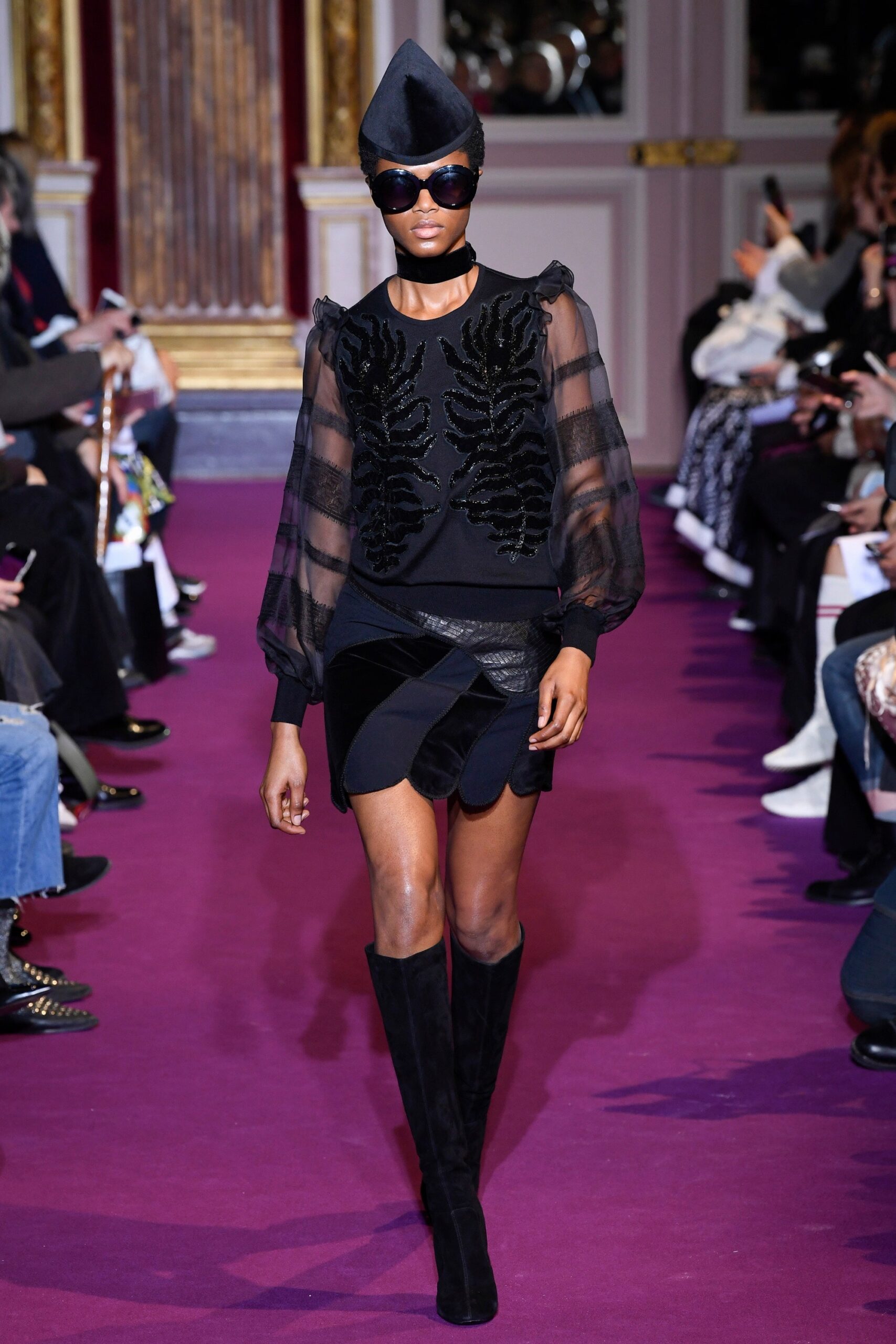 black embroidered top and skirt