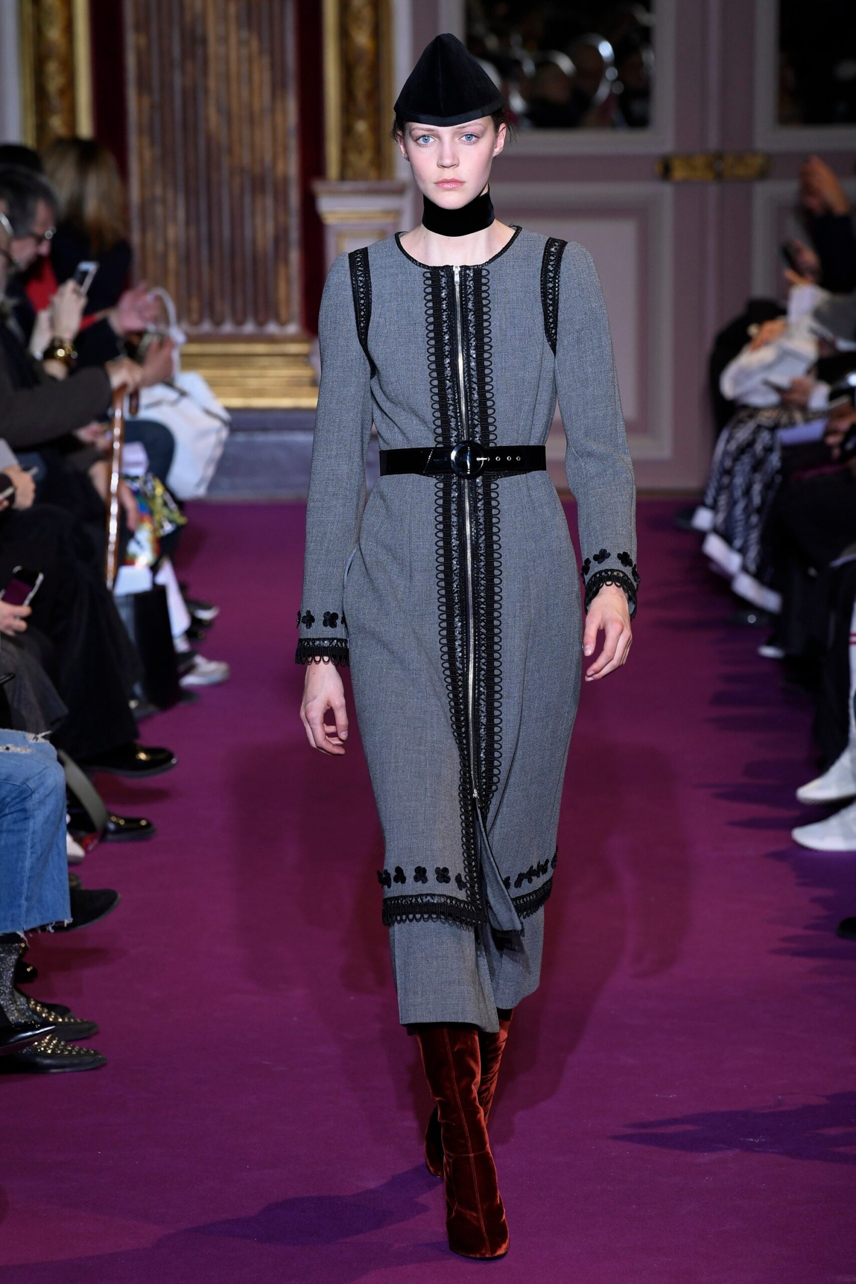 gray wool long-sleeve collared fitted buttoned embroidered dress