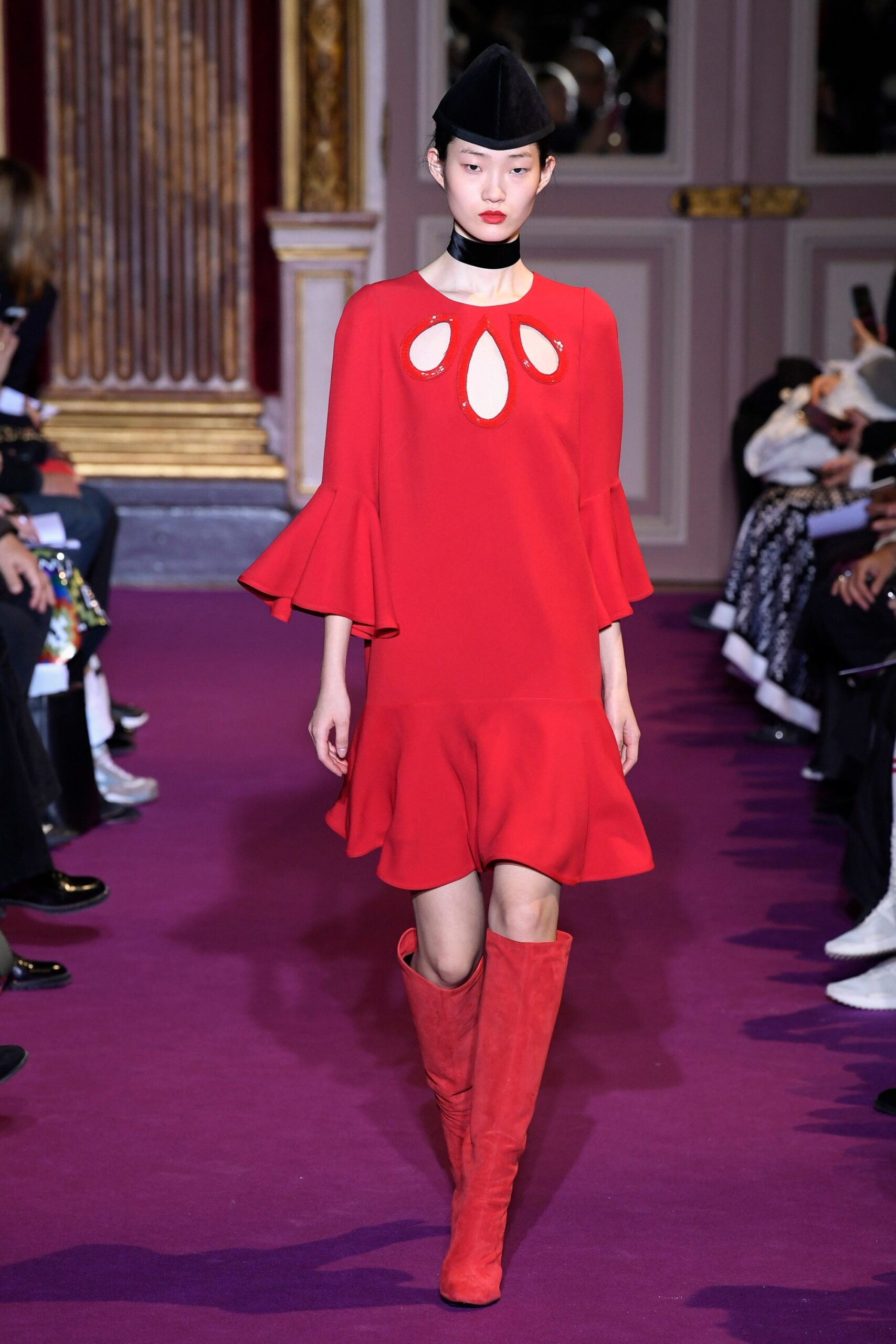red silk long-sleeve v-neck fitted flared mini dress