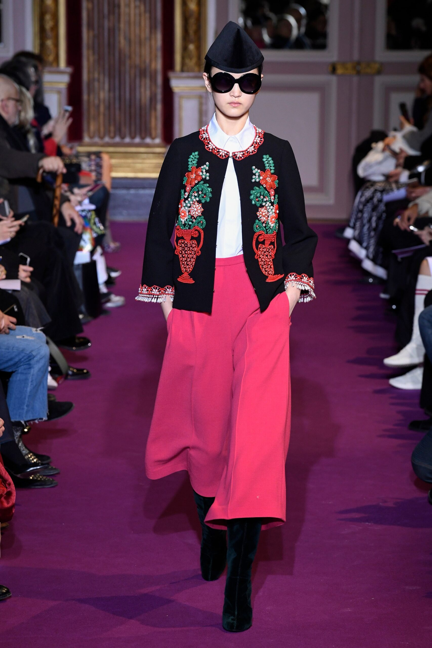 black embroidered jacket with pink pants