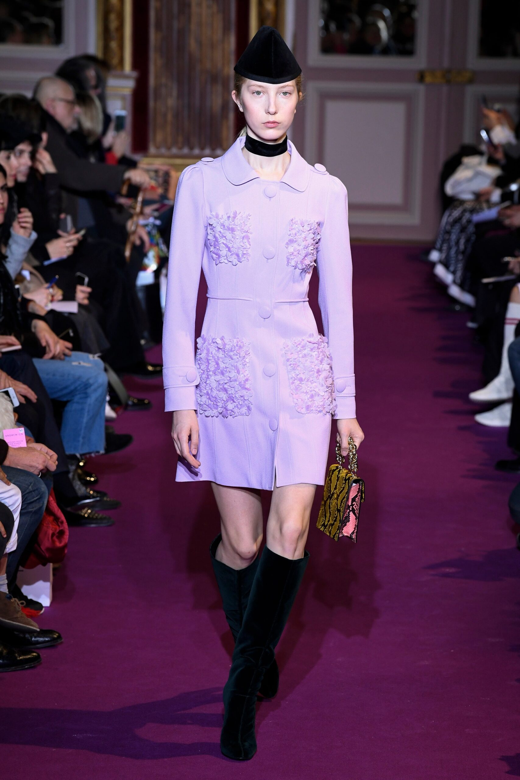 fitted purple coat with embroidered details