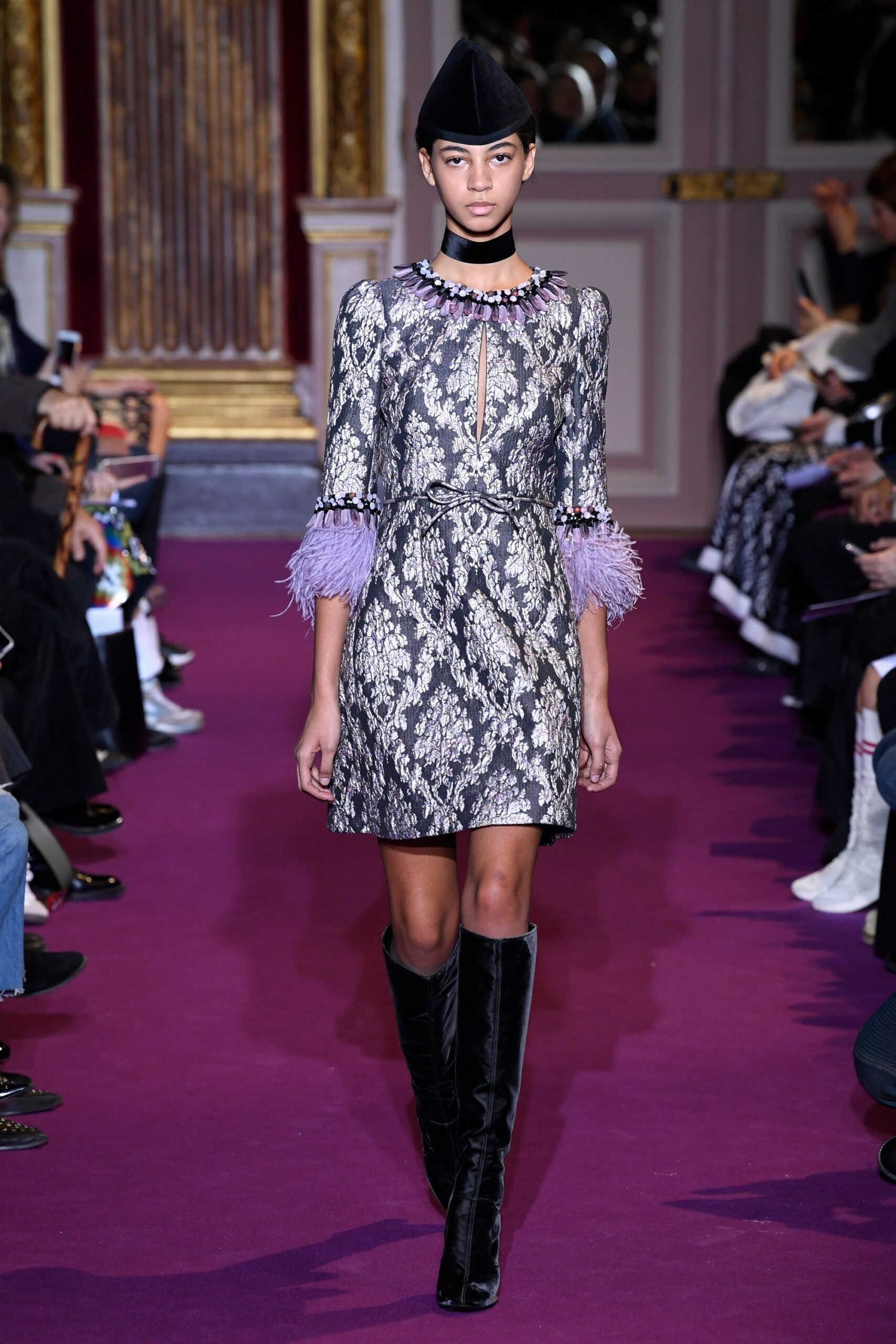 black embroidered mini dress with boots