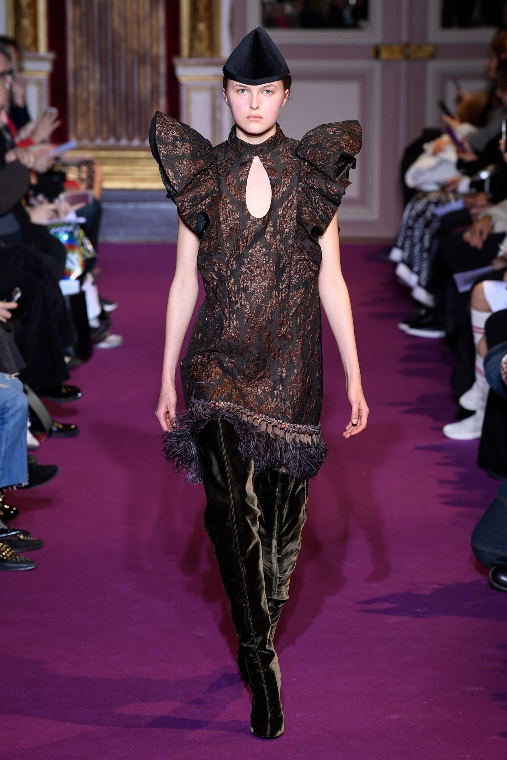 black lace mini dress with velvet boots