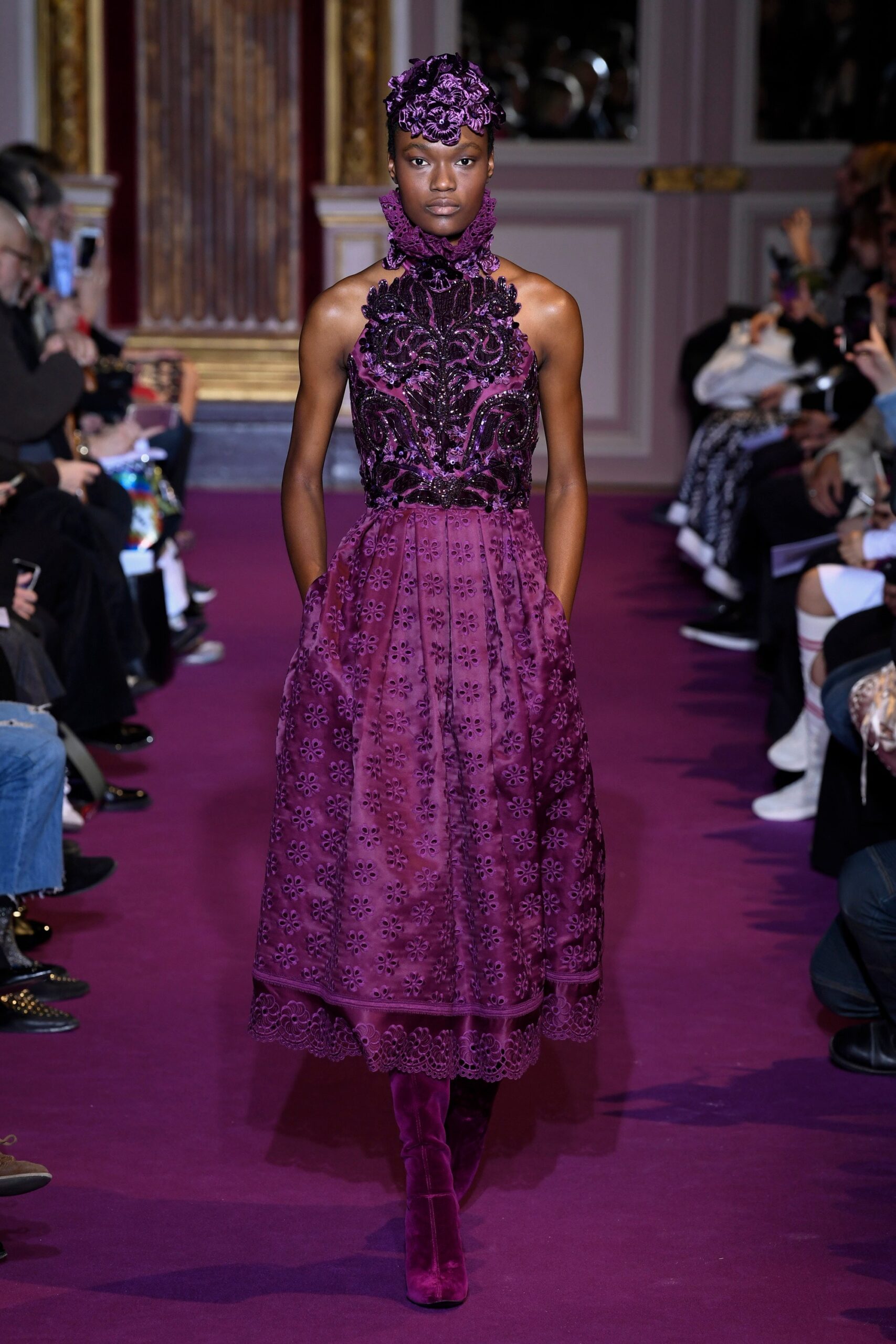 purple embroidered midi dress