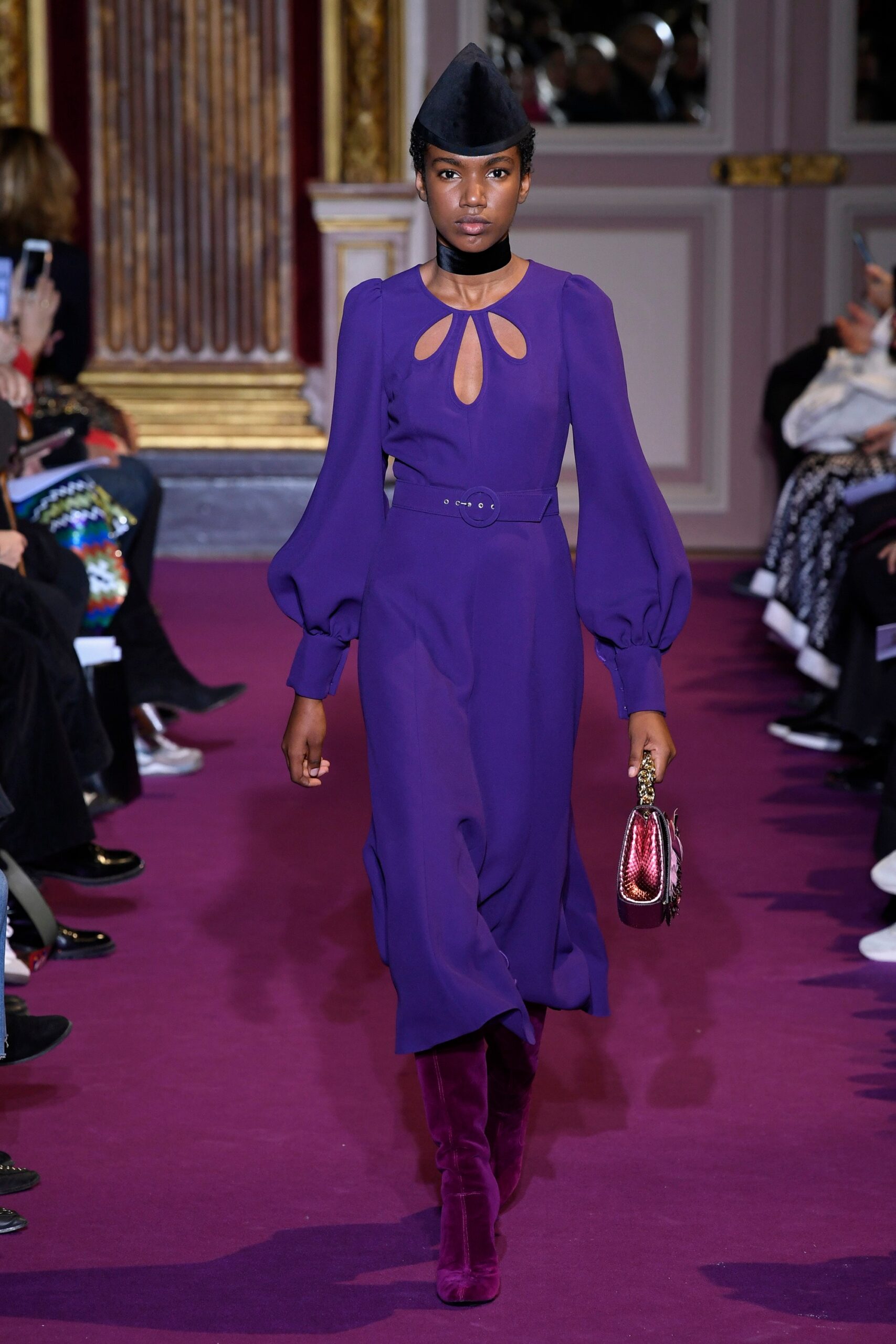 purple silk belted midi dress