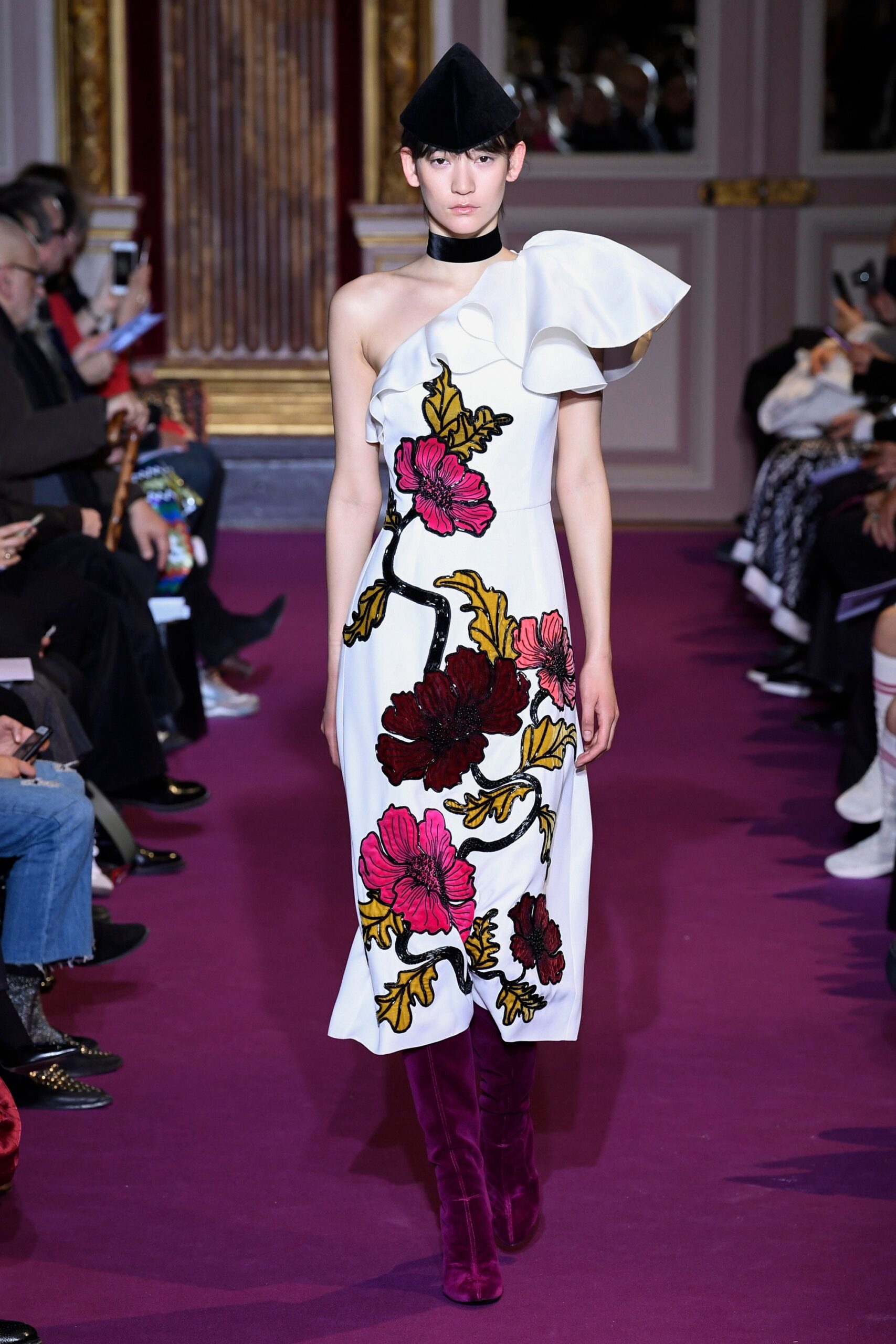 white embroidered midi dress with purple boots