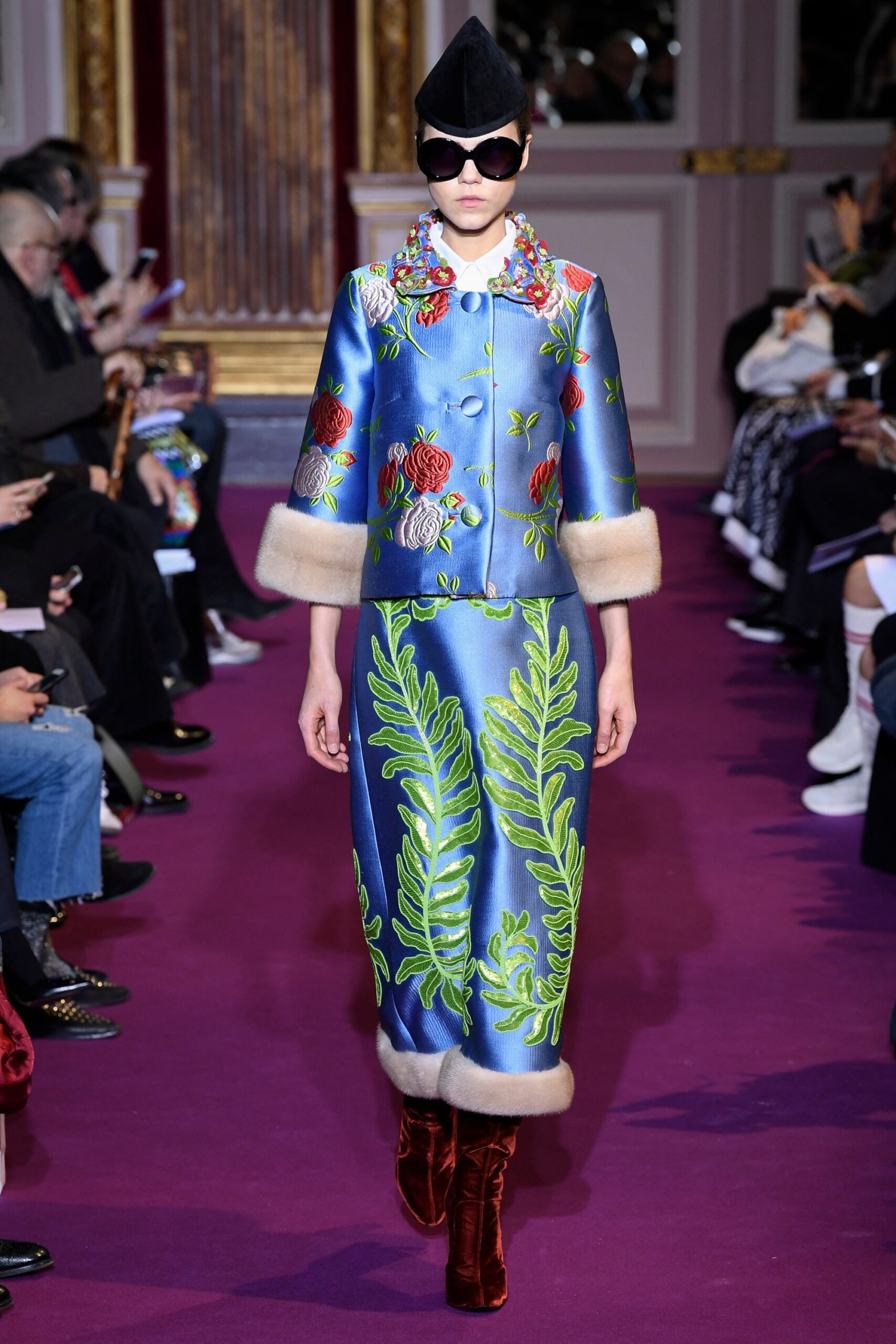 blue embroidered coat and skirt