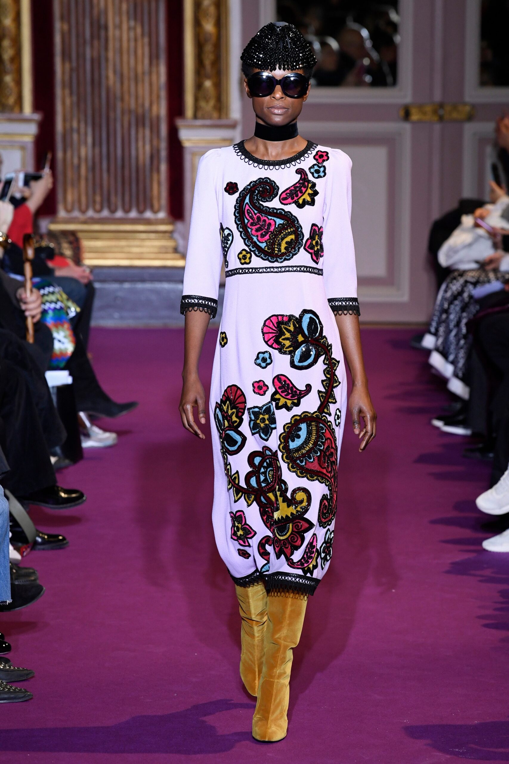 purple embroidered midi dress with yellow boots