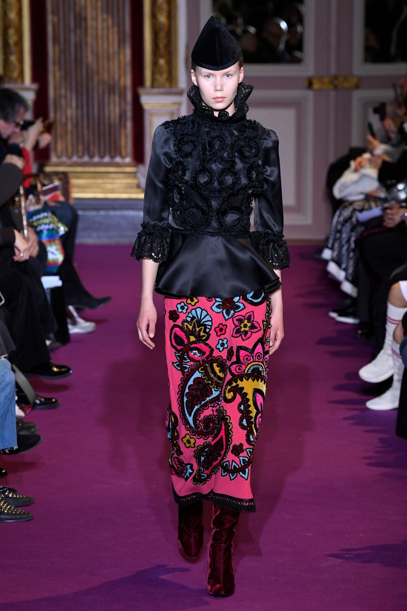 black ruffled blouse with multi skirt