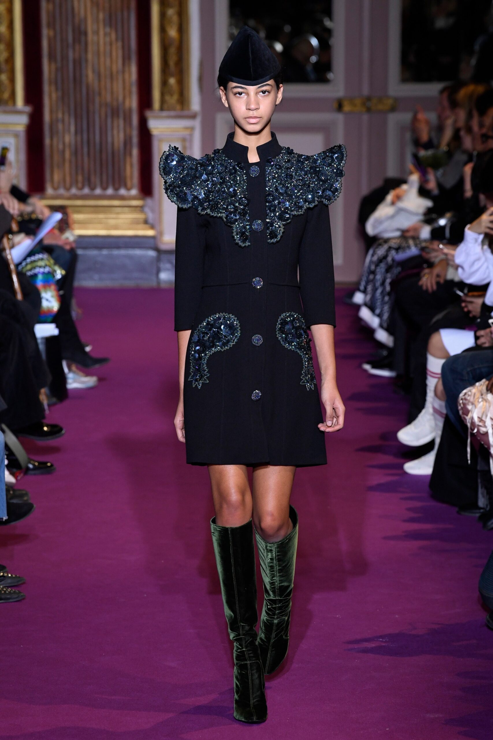 black wool long-sleeve collared fitted embroidered buttoned dress