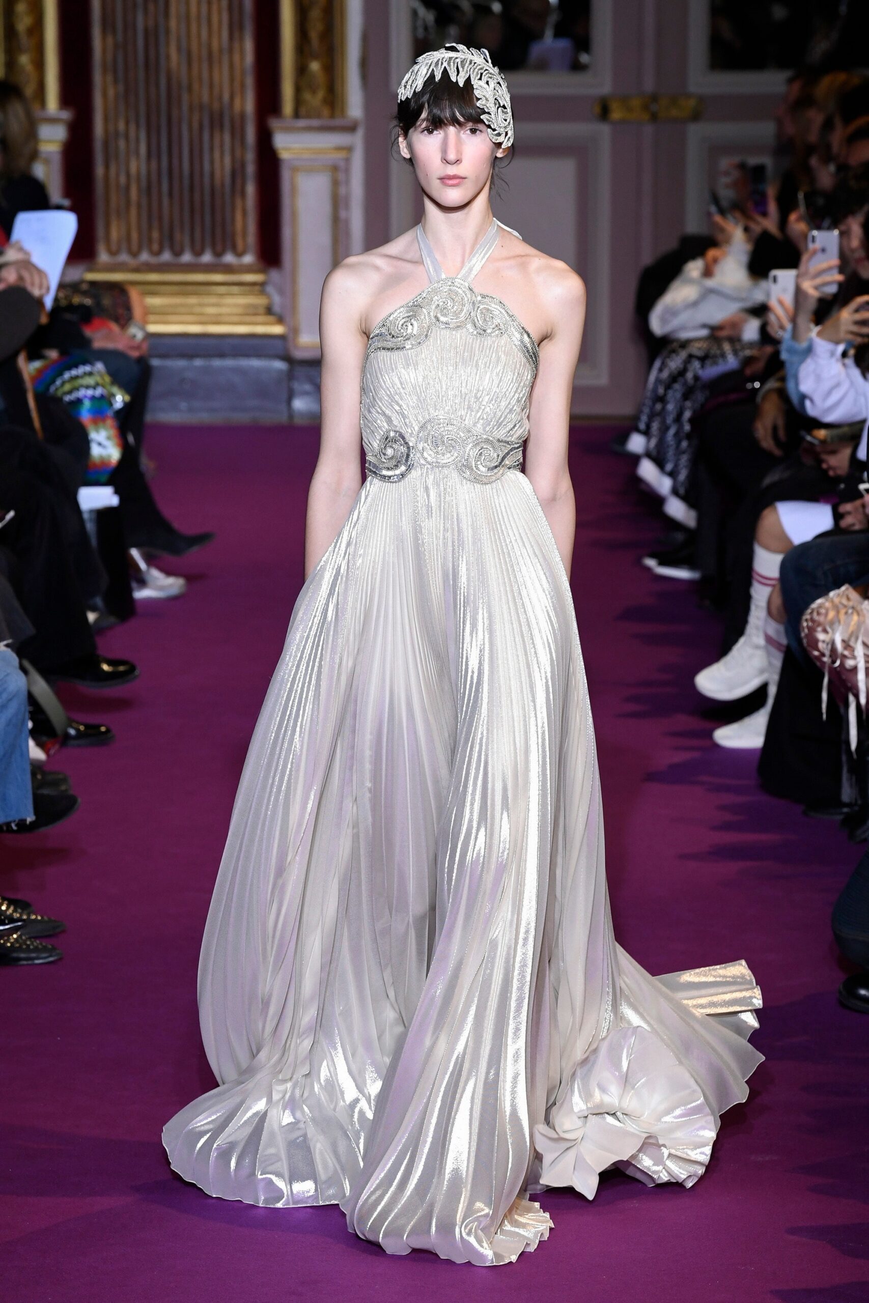 silver silk pleated gown
