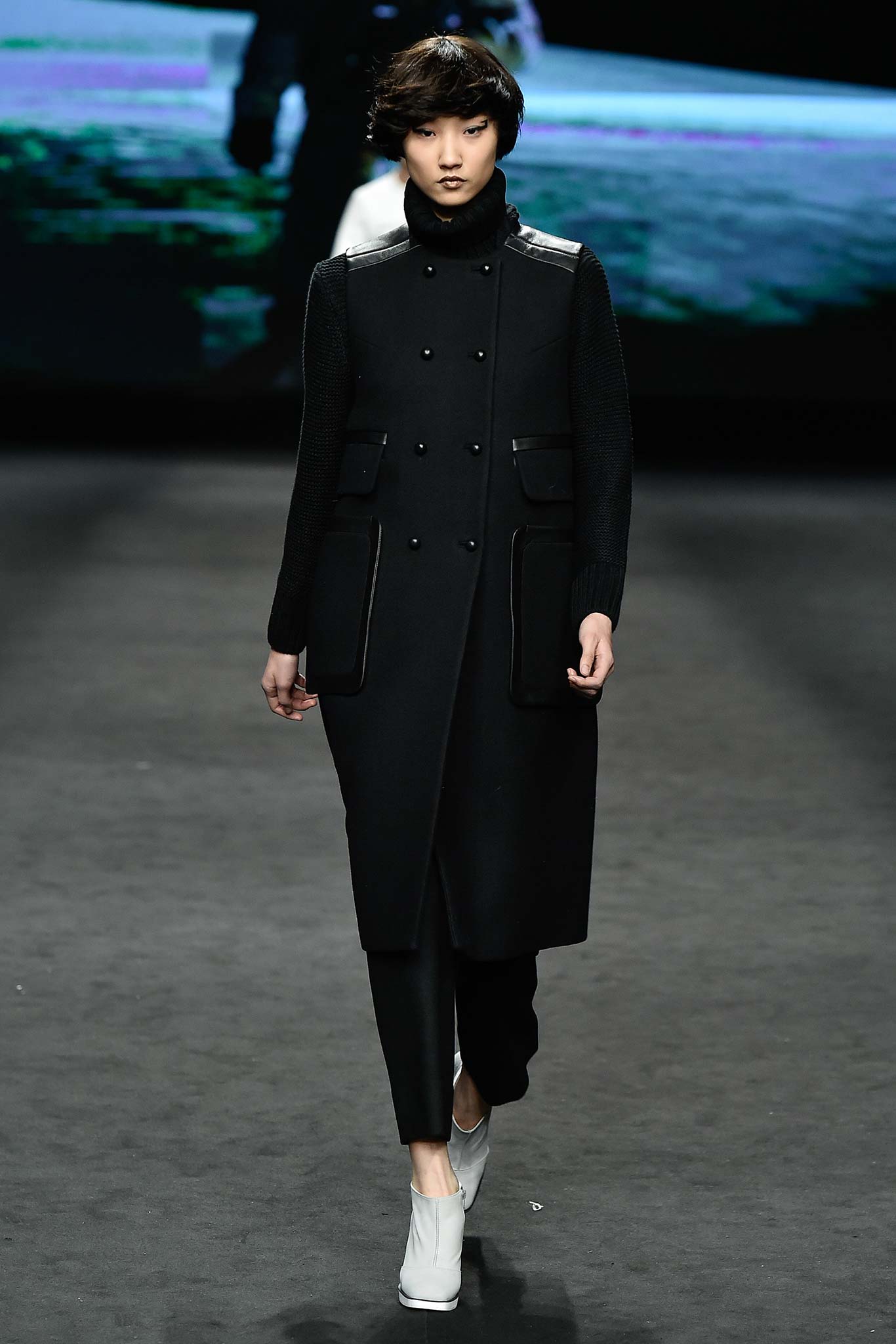 black wool coat with slim pants