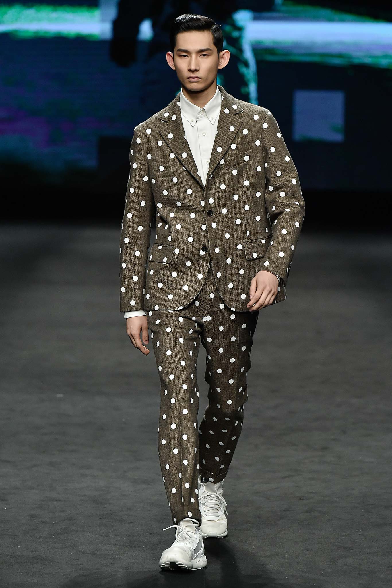 brown polka-dot tailored suit