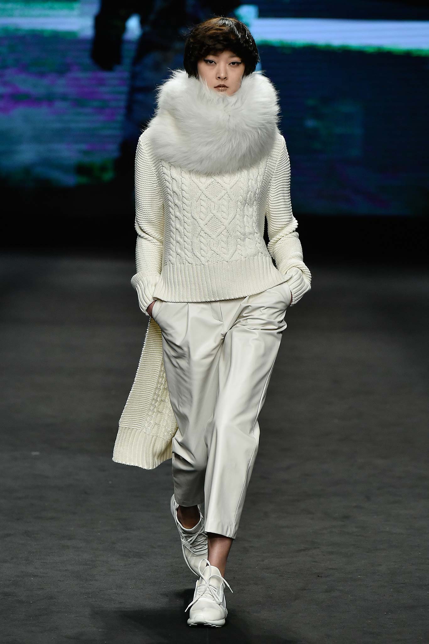 white knitted sweater with fur scarf