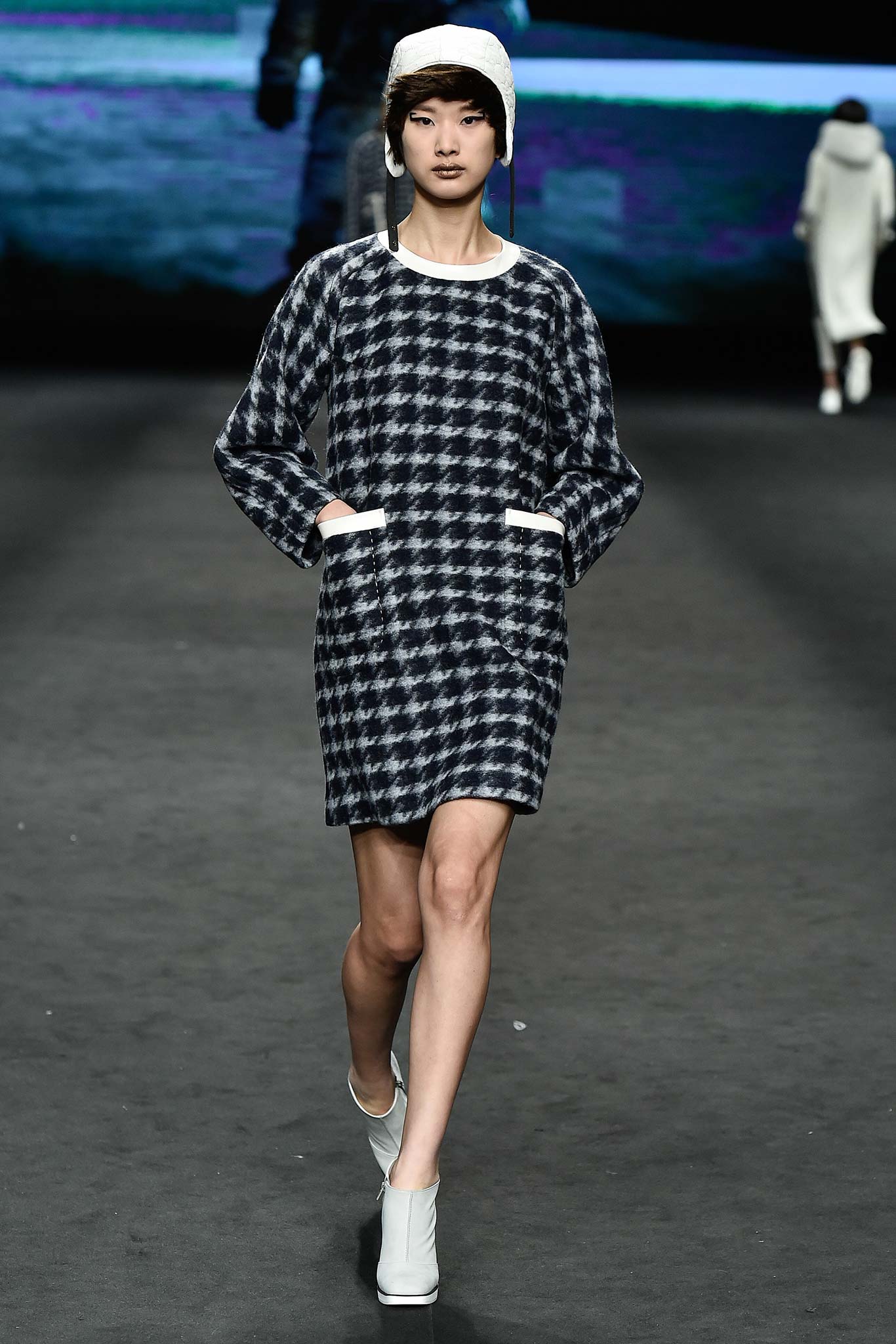 blue and white checked dress