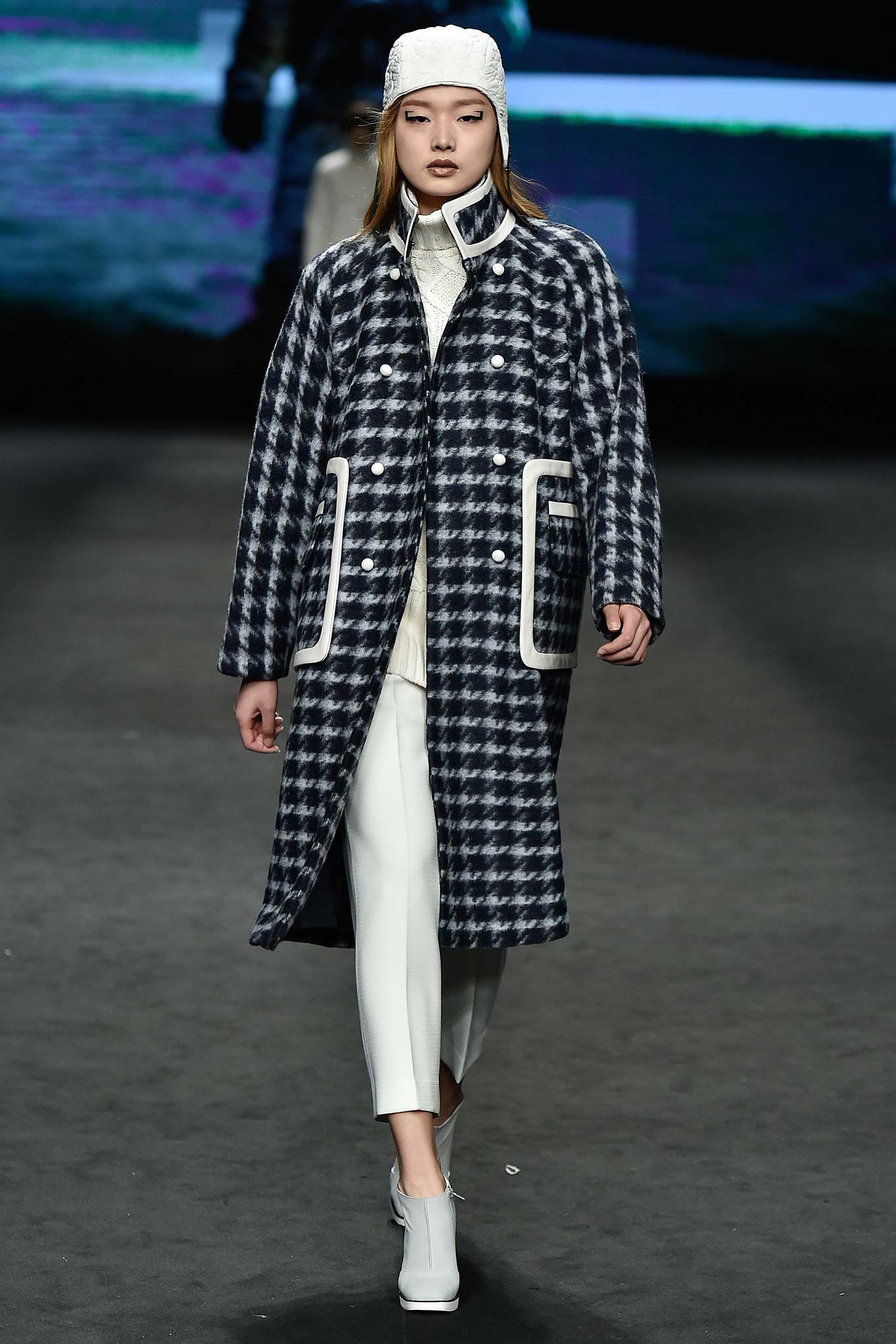 checked wool coat with white top
