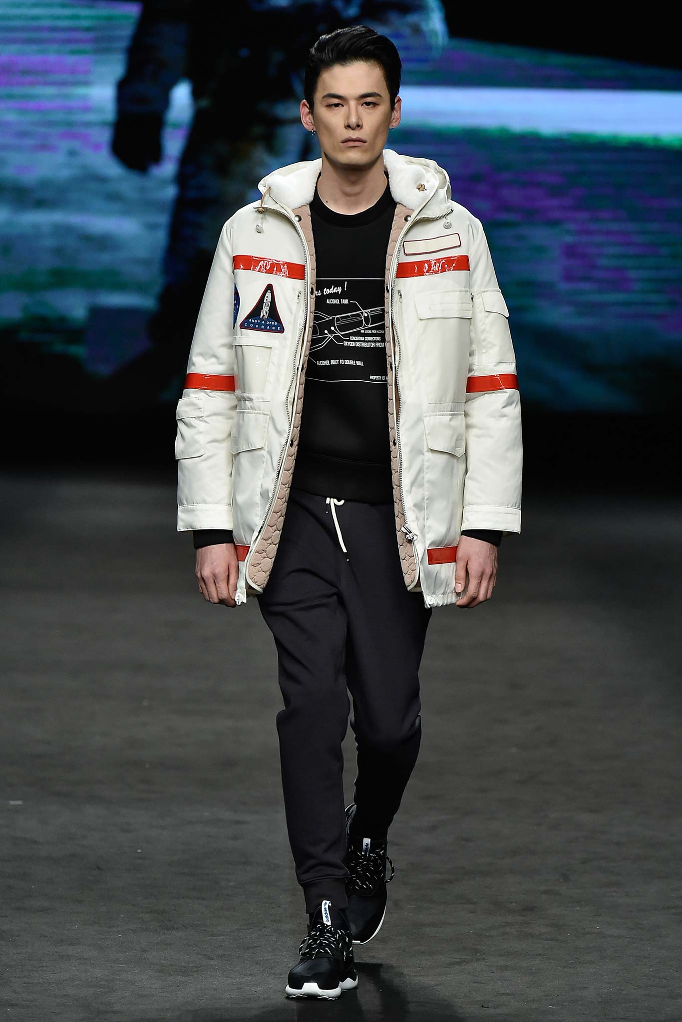 white red vinyl jacket with black t-shirt and pants