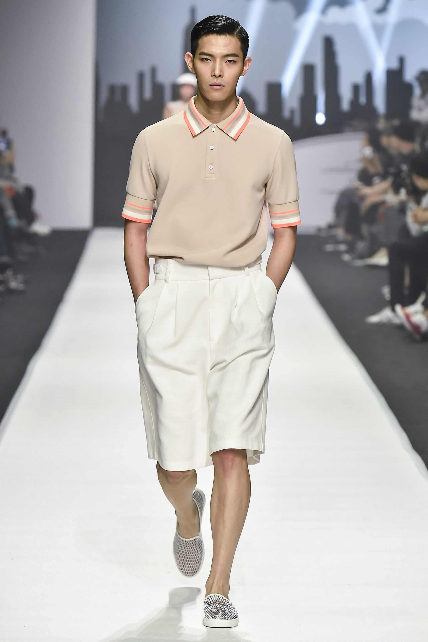 beige cotton short-sleeve collared fitted striped shirt