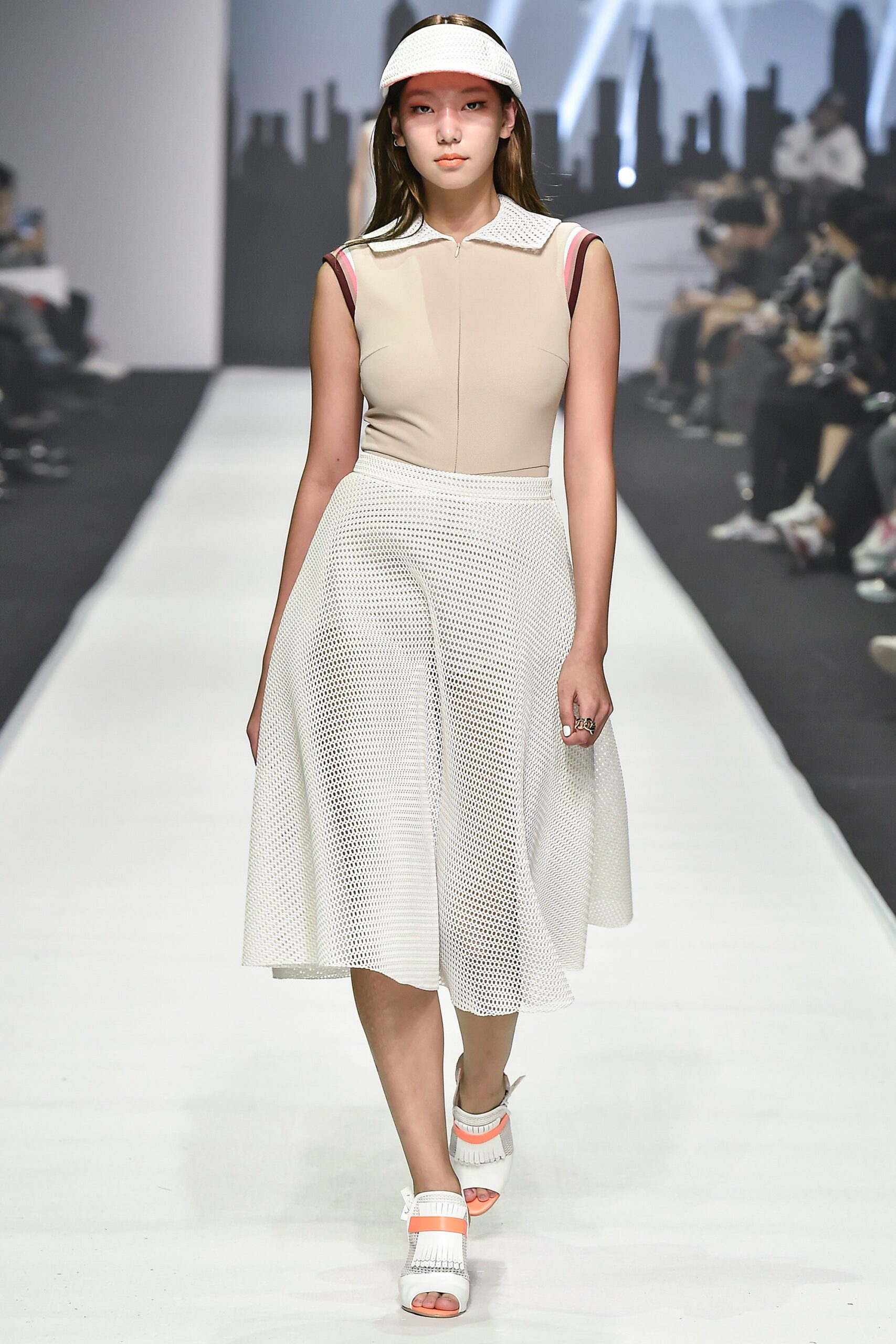 beige cotton sleeveless collared fitted a-line textured dress