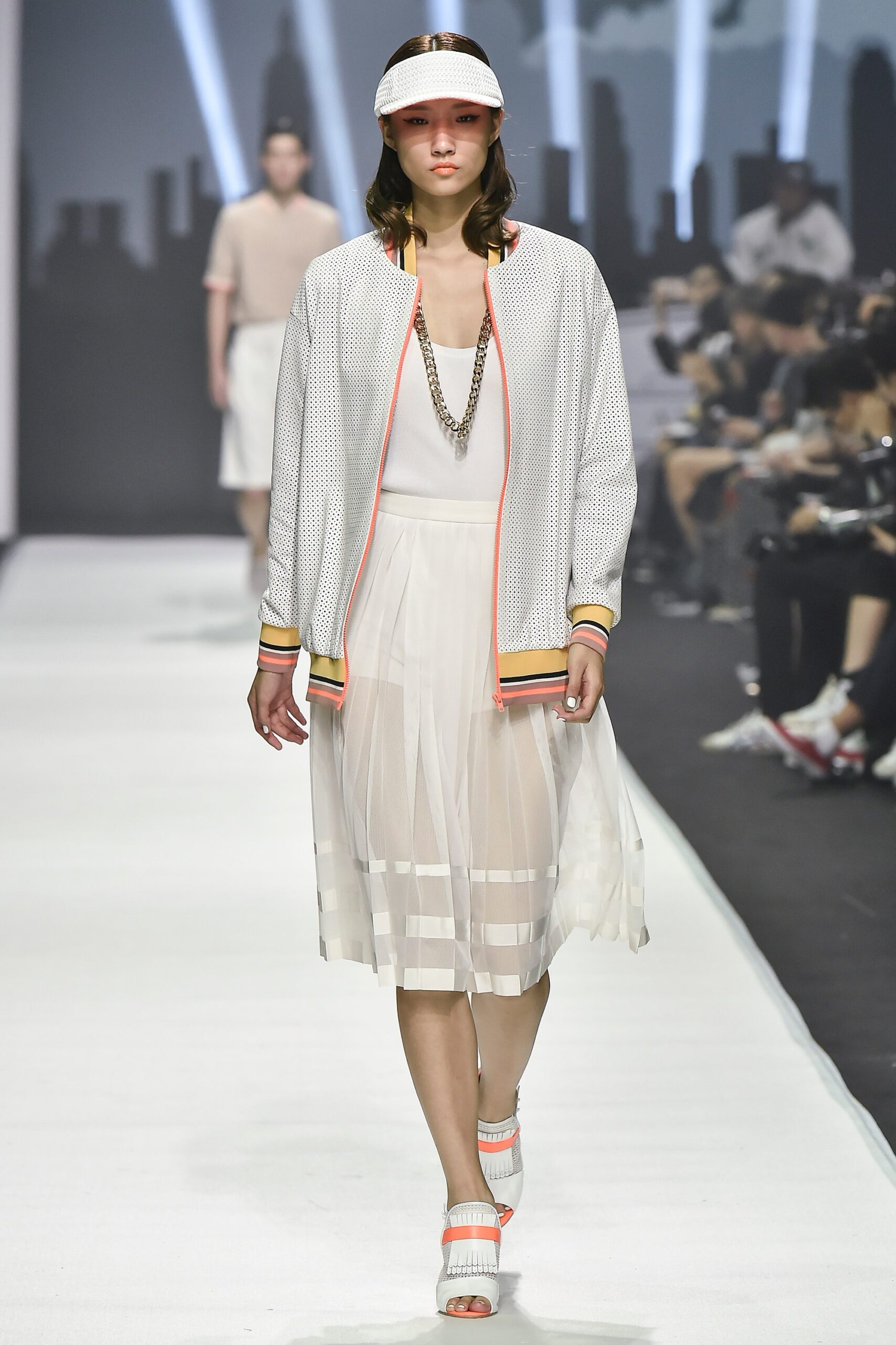 white mesh jacket and pleated dress