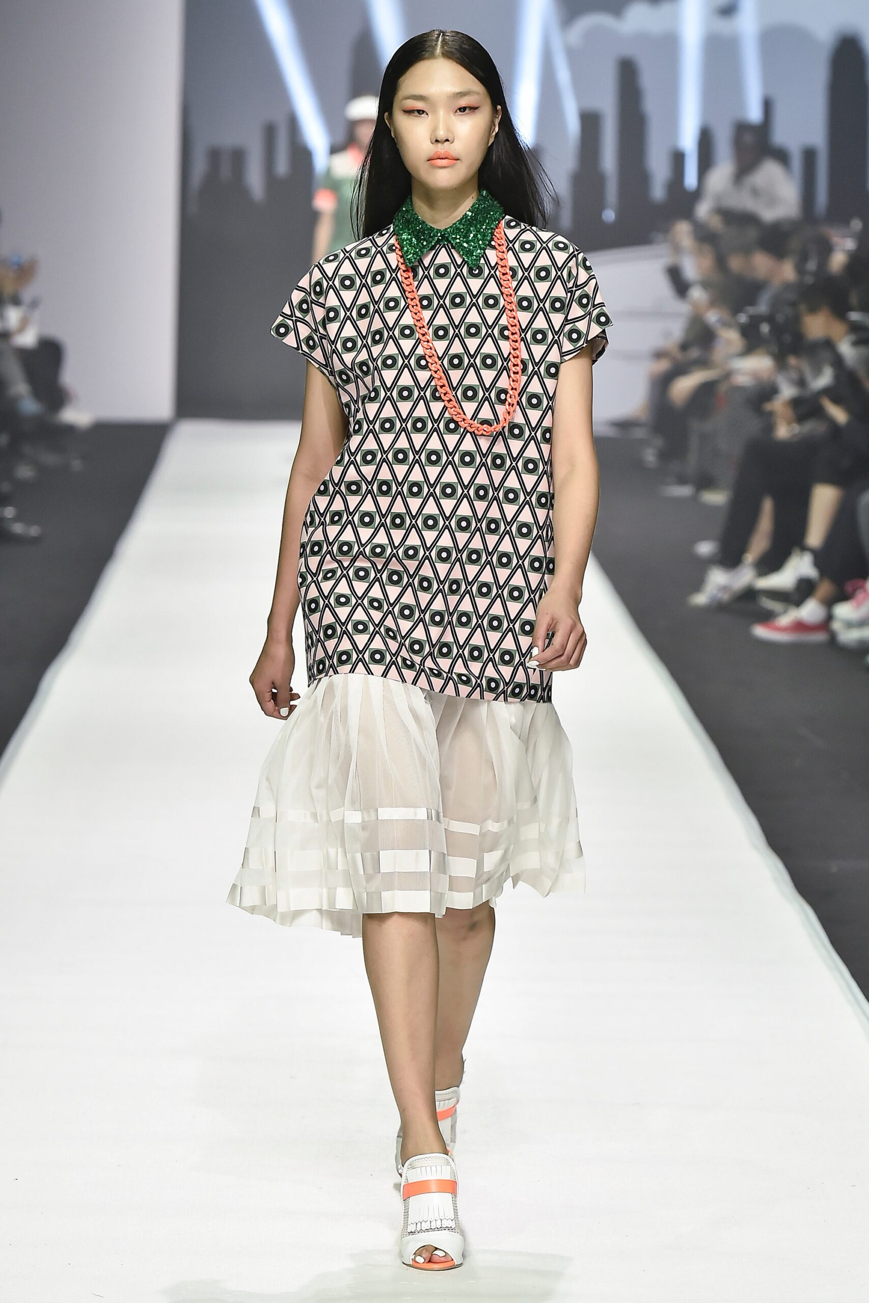 black cotton short-sleeve collared relaxed printed layered dress