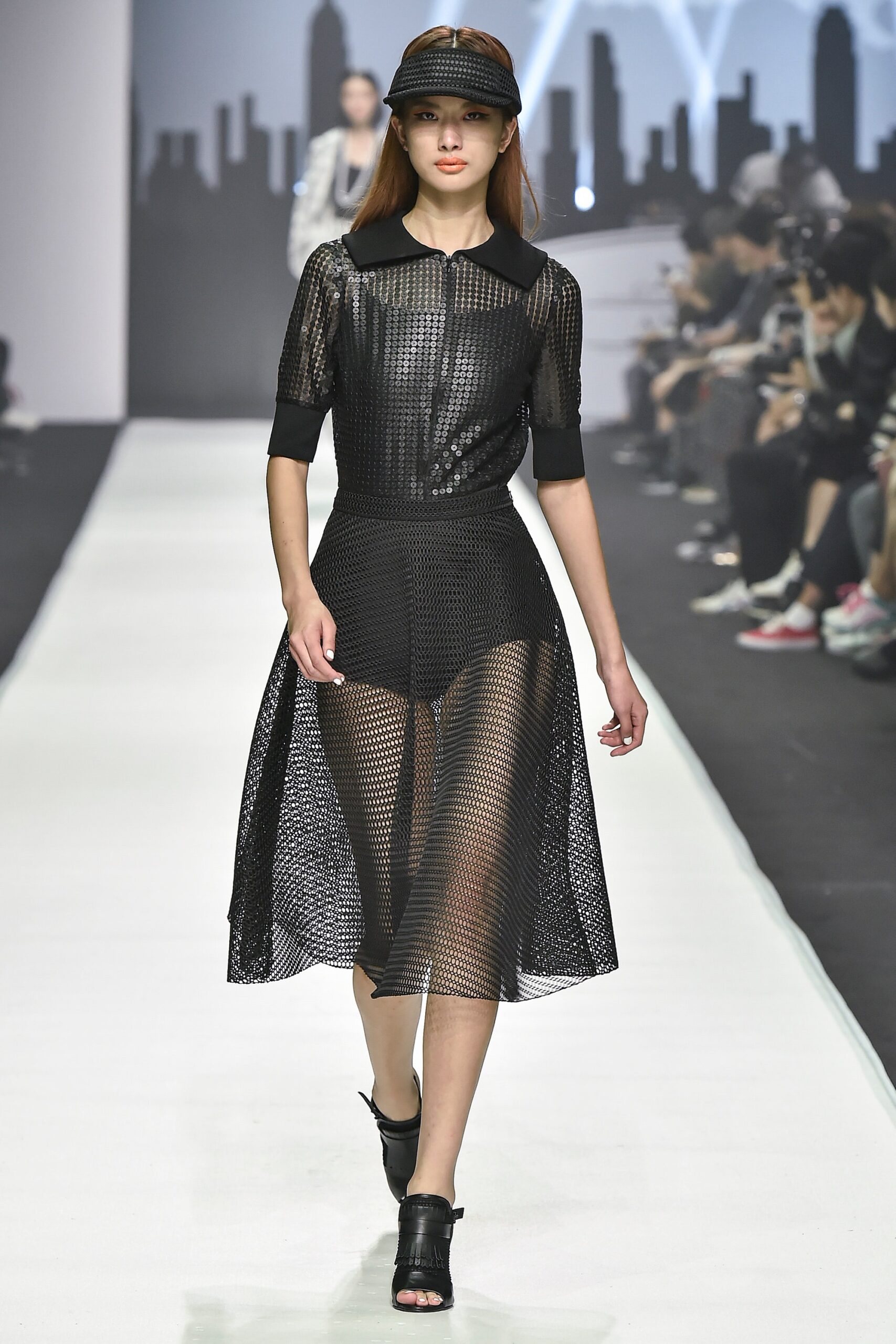 black mesh short-sleeve v-neck fitted layered pleated dress