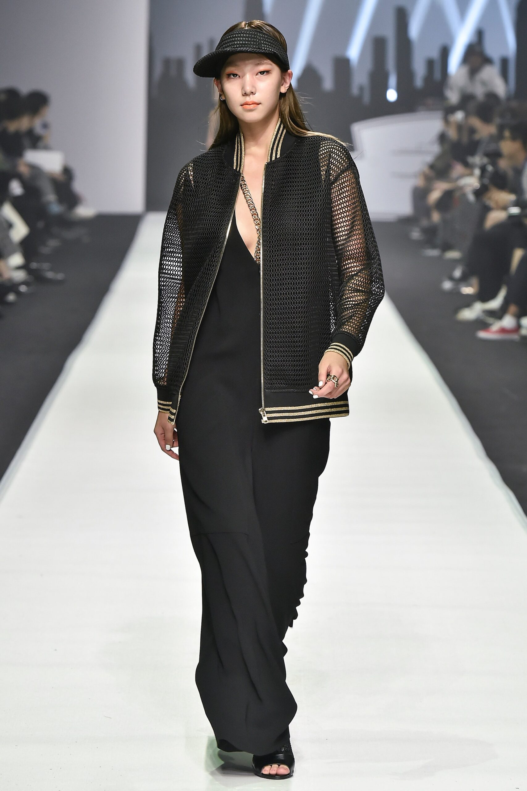 black mesh jacket and fitted dress